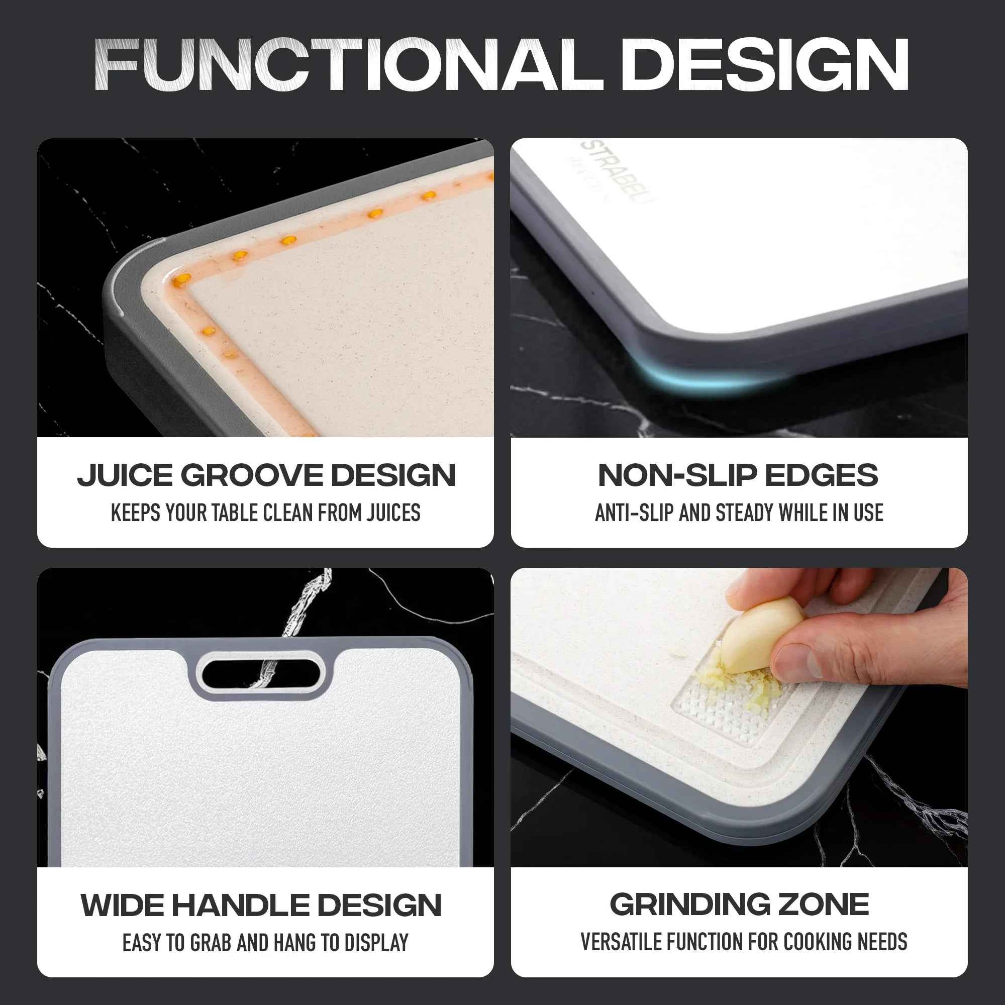 Strabella Titanium Cutting Board with antibacterial and scratch-resistant surface, shown with a knife and fresh vegetables.