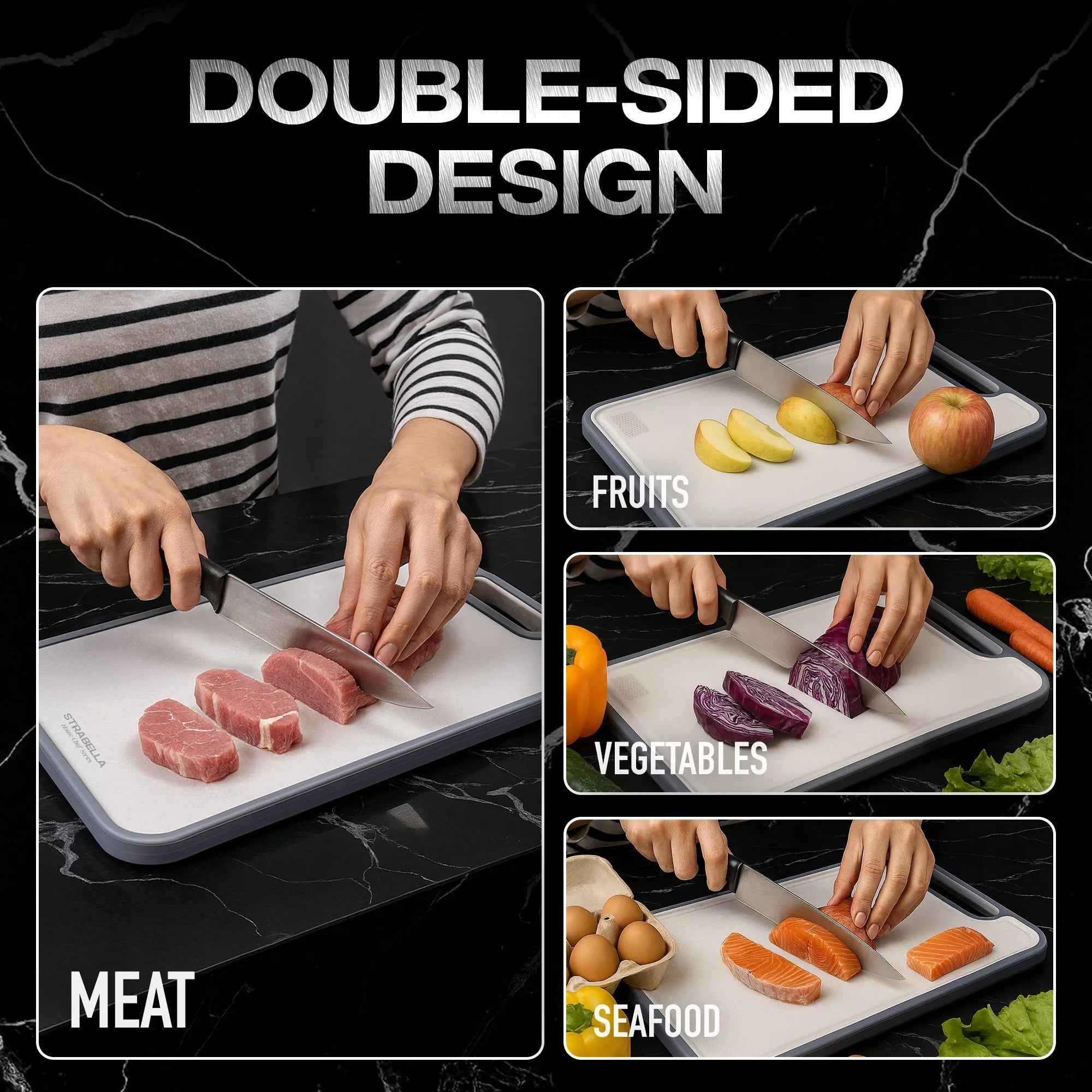 Strabella titanium antibacterial cutting board with scratch-resistant surface, shown on a kitchen countertop with food preparation.