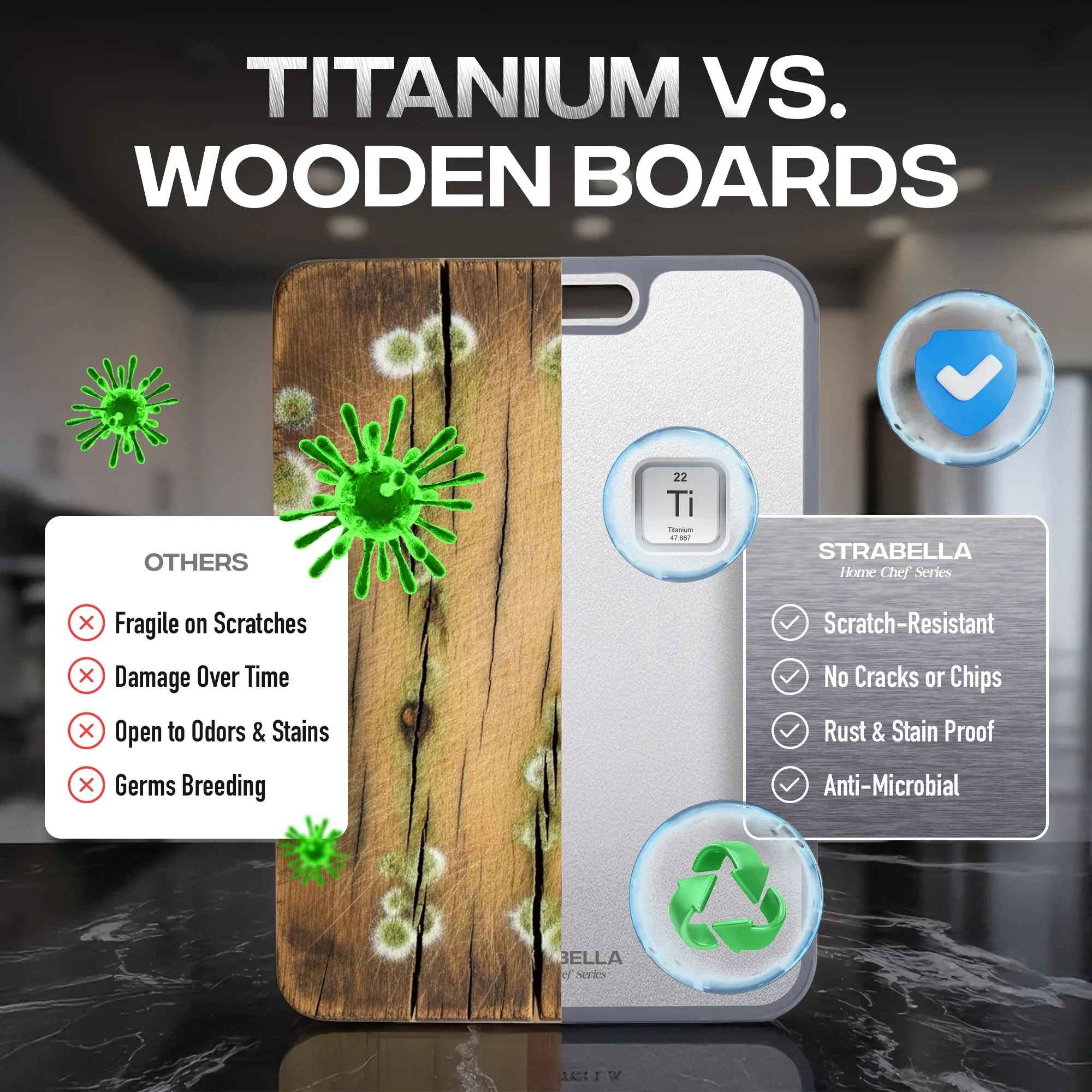 Strabella titanium cutting board with antibacterial and scratch-resistant surface, shown with food preparation on a clean kitchen countertop.