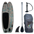 SolVida VidaGlide 10'6" inflatable stand-up paddleboard with paddle and accessories, shown on ash-colored surface.