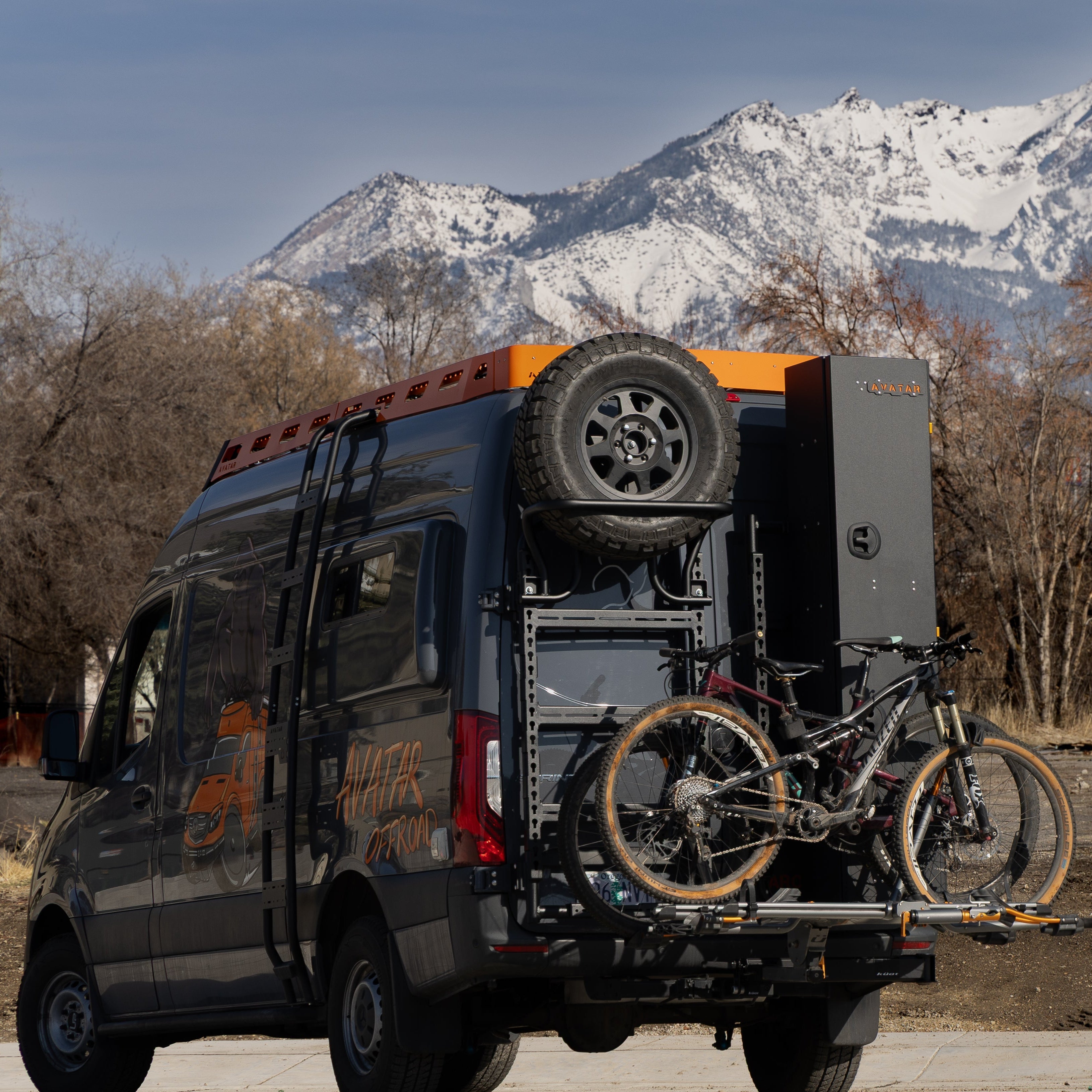 Avatar Offroad Massif van rear door storage mount system with ski, bike, and tire carrier attached to a vehicle.