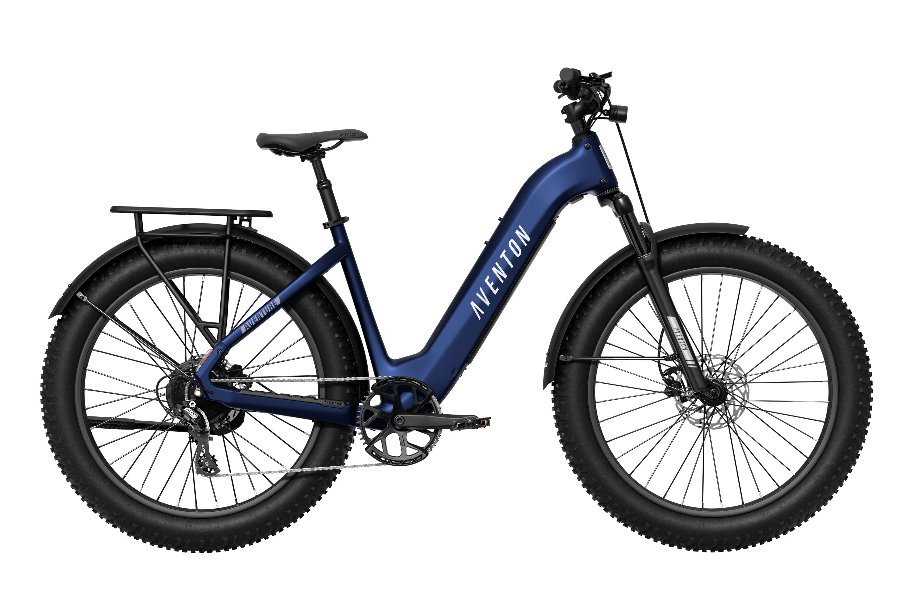 Rex E-Bikes Aventon Aventure.3 cobalt e-bike step-through frame with digital display and ergonomic handlebars.