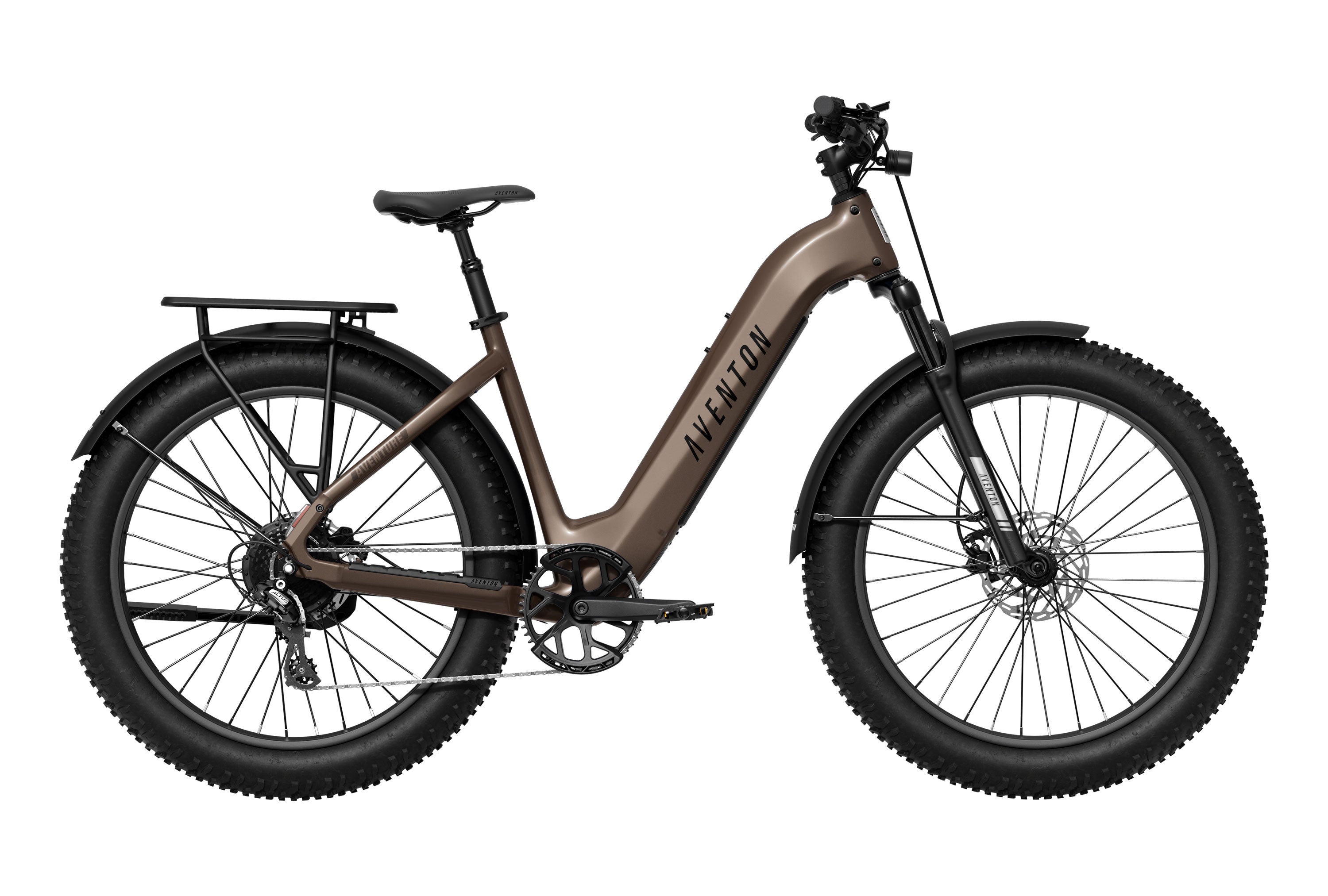 Rex E-Bikes Aventon Aventure.3 E-Bike step-through in java finish, featuring a sleek frame and electric motor for urban commuting.