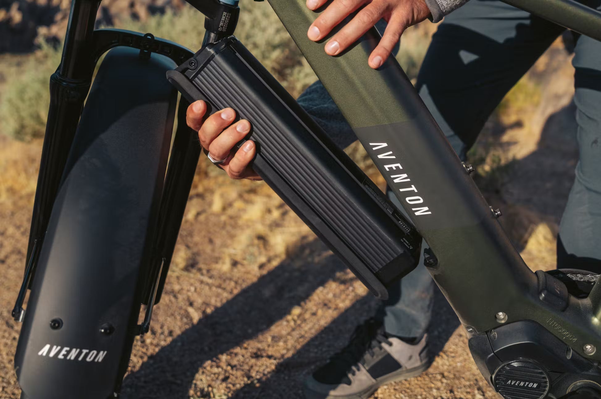 Rex E-Bikes Aventon Aventure.M E-Bike in a scenic outdoor setting, showcasing the electric bike's sleek design and rugged features.