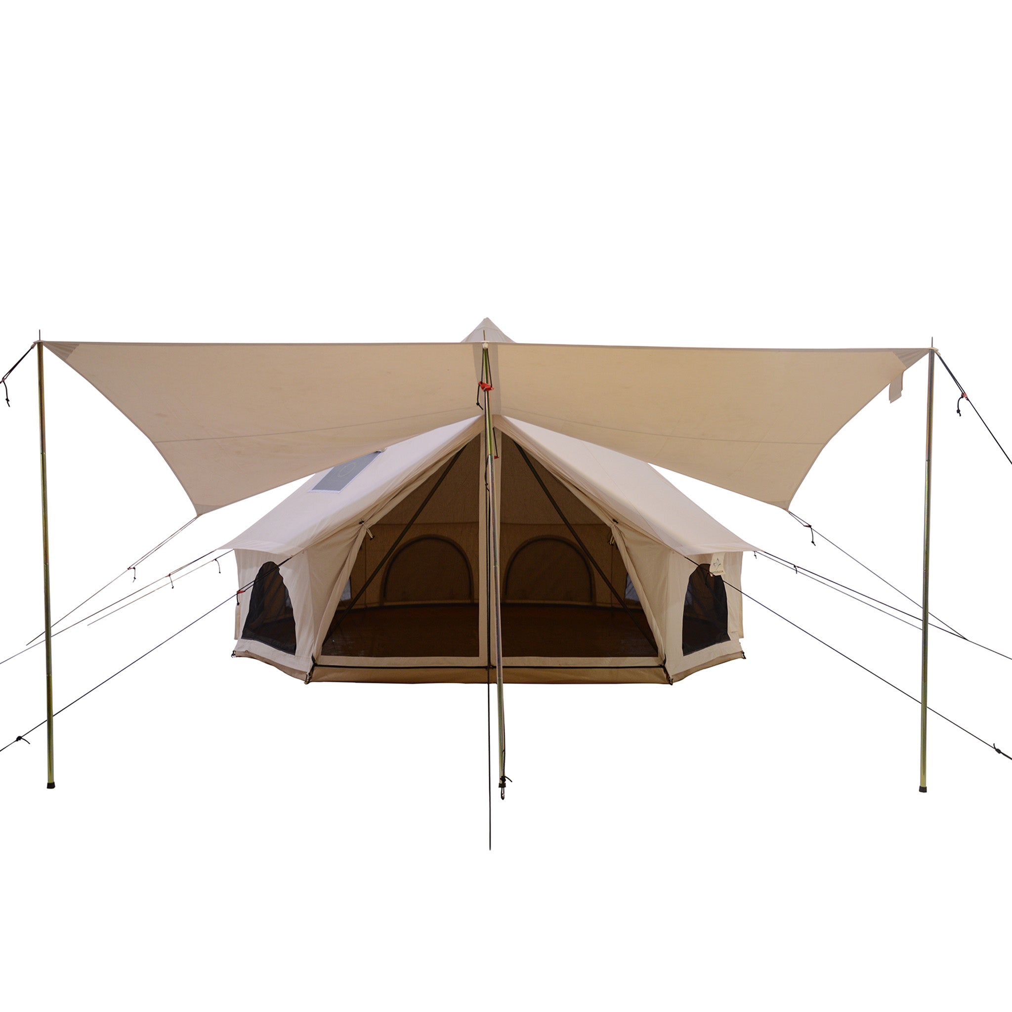 White Duck Outdoors Regatta awning for bell tents, weather-resistant tent extension with fabric and support poles in the image.