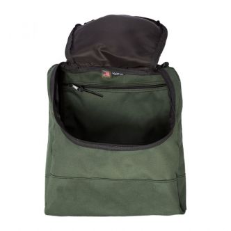 Open Backcountry Sportsman blind bag with multiple compartments and adjustable straps, shown in olive drab color.