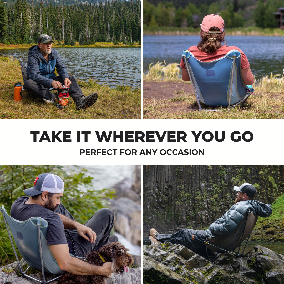 GrandTrunk Mayfly Low Ground Collapsible Chair shown outdoors, lightweight and portable for camping and outdoor relaxation.