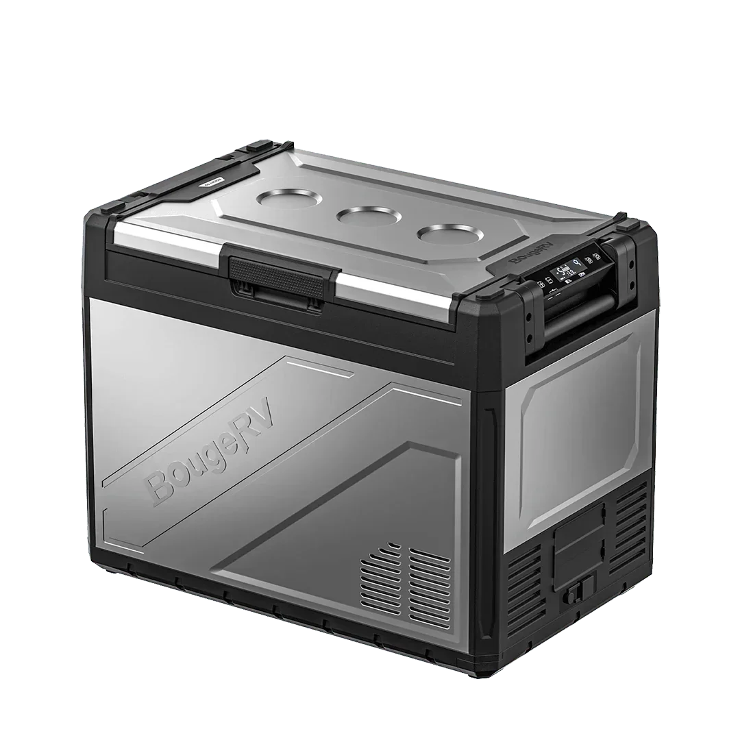 Green Vista Living BougeRV Rocky 55QT dual zone 12V portable car fridge with digital controls and spacious interior.