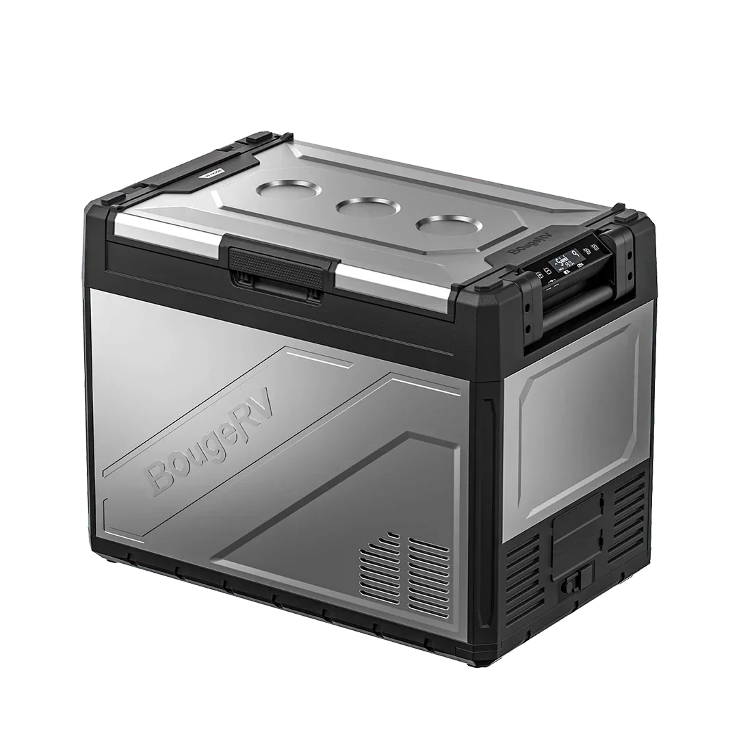 Green Vista Living BougeRV Rocky 69QT dual zone 12V portable car fridge with digital controls and sturdy design for outdoor use.