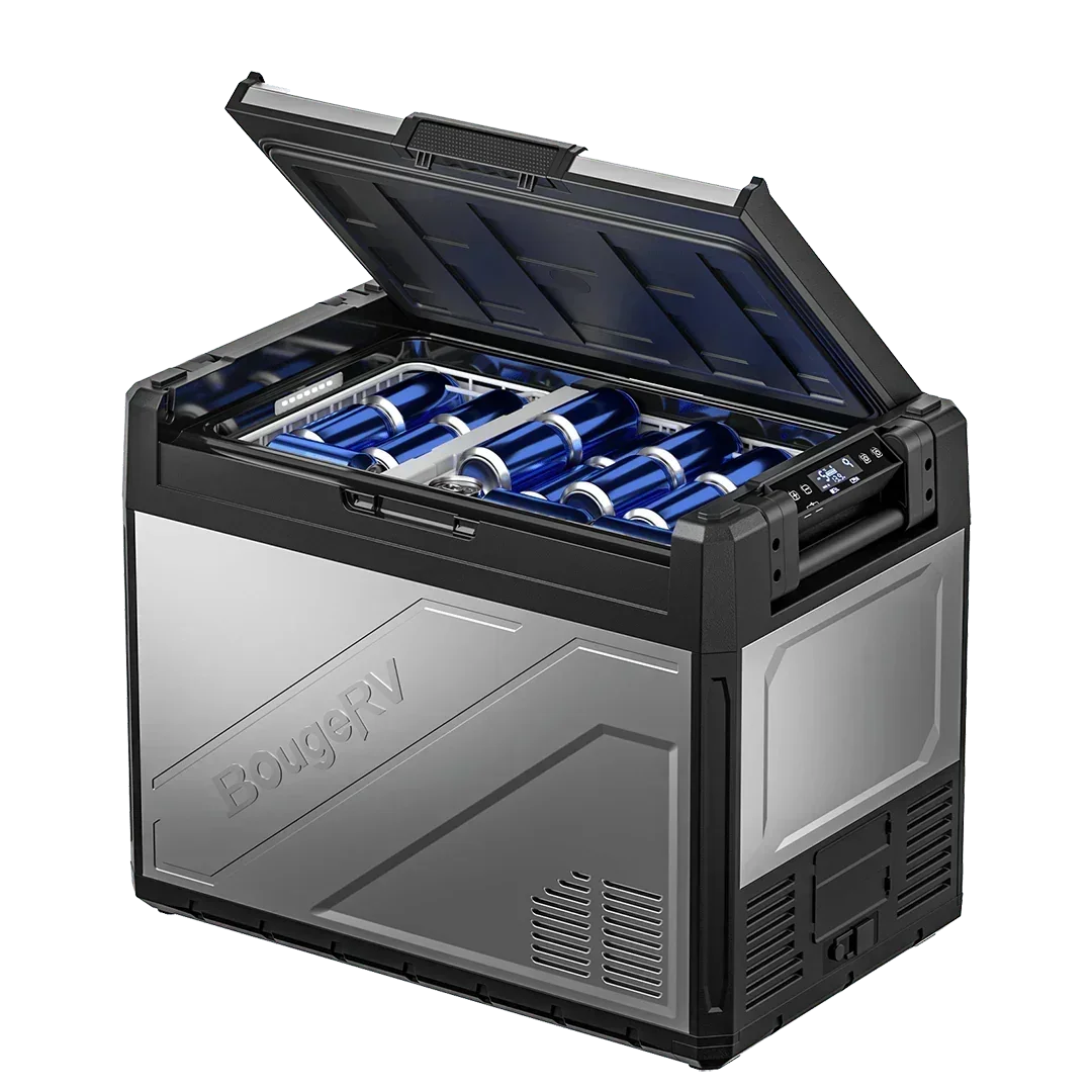 Green Vista Living BougeRV Rocky 69QT dual zone 12V portable car fridge with digital controls and sturdy design.