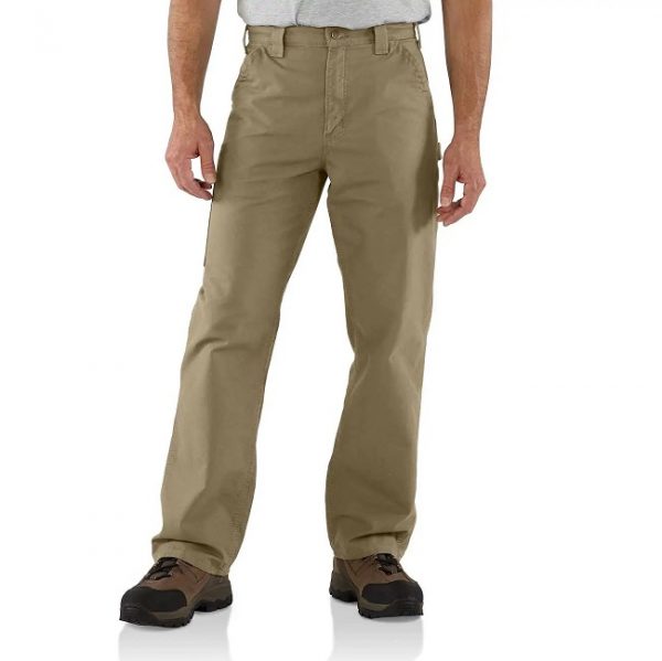 Men's Carhartt khaki thin carpenter jeans displayed, showcasing the fabric texture and pocket details.