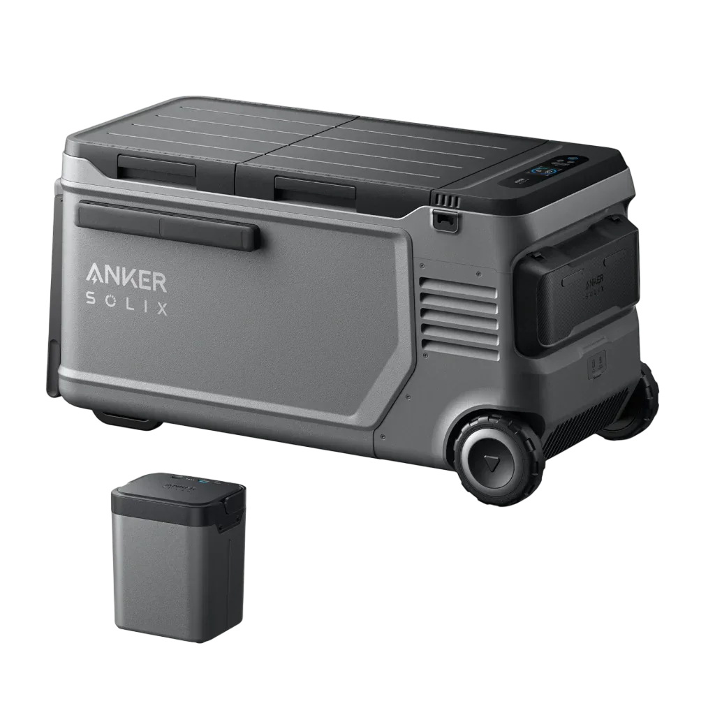 Green Vista Living Anker SOLIX EverFrost 2 58L electric cooler with removable battery, showing the sleek design and control panel.