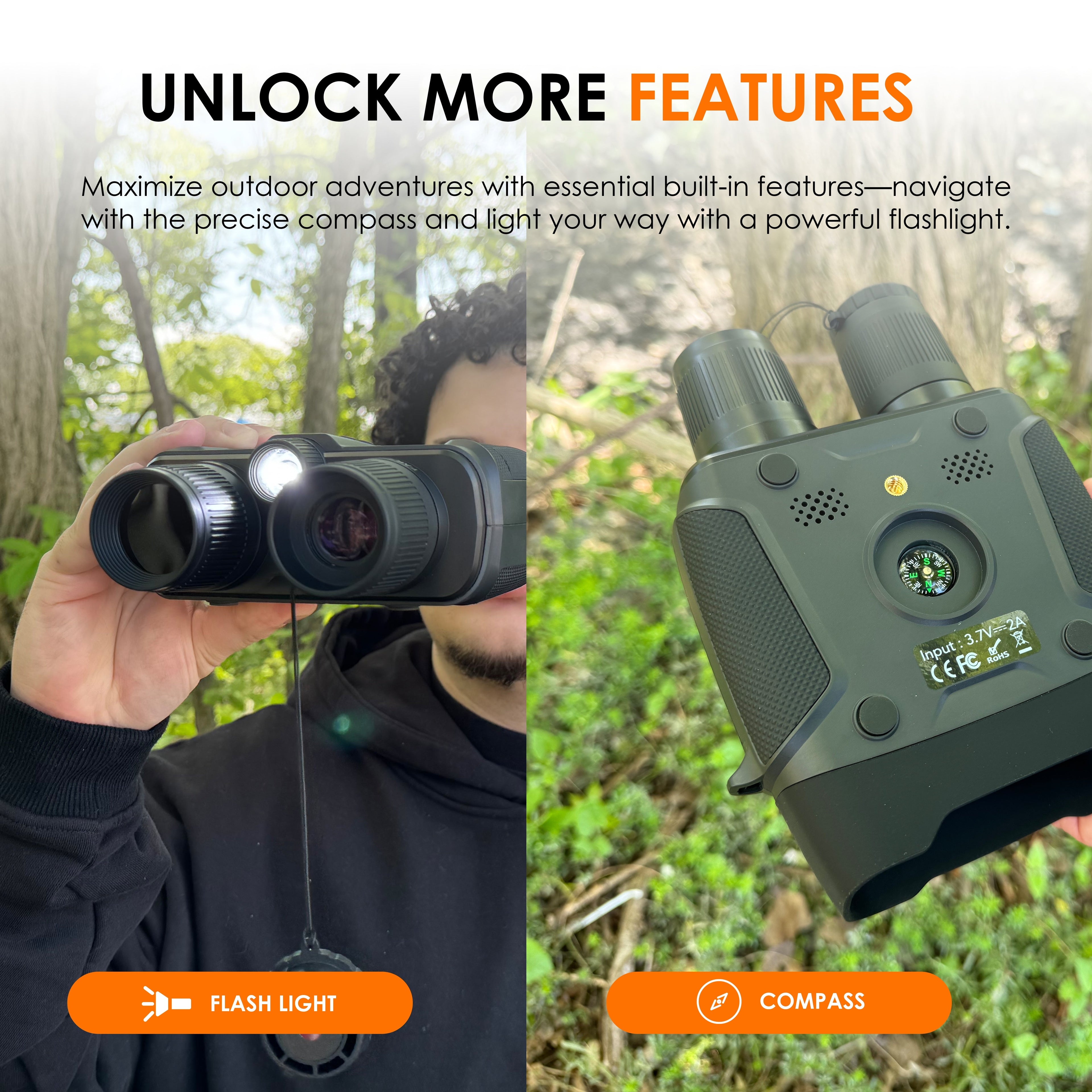 Rexing B1 Compass Night Vision Binoculars showcasing 4K Ultra HD optics in an outdoor setting.