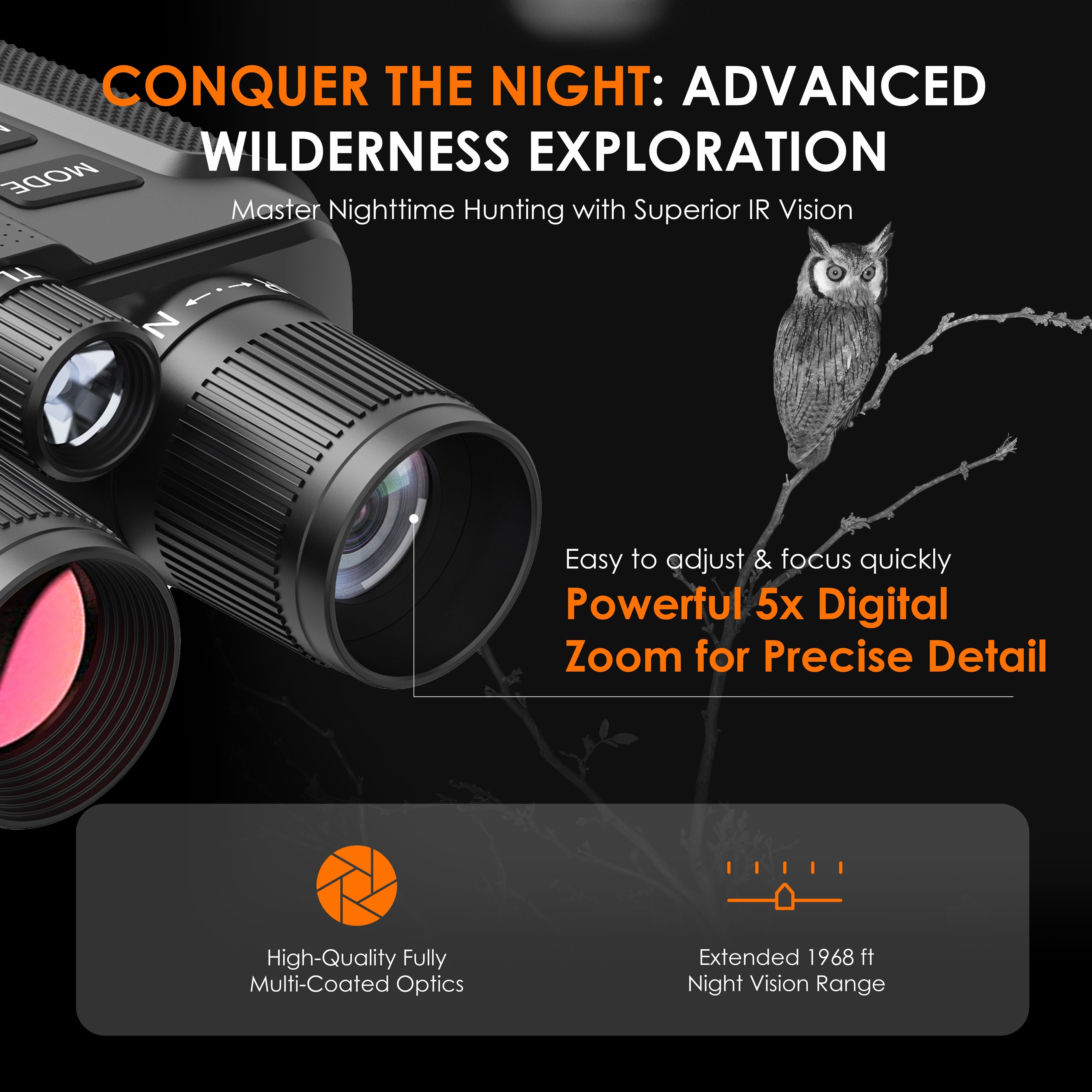 Rexing B1 Compass Night Vision Binoculars with 4K Ultra HD lenses for clear outdoor viewing in low light conditions.