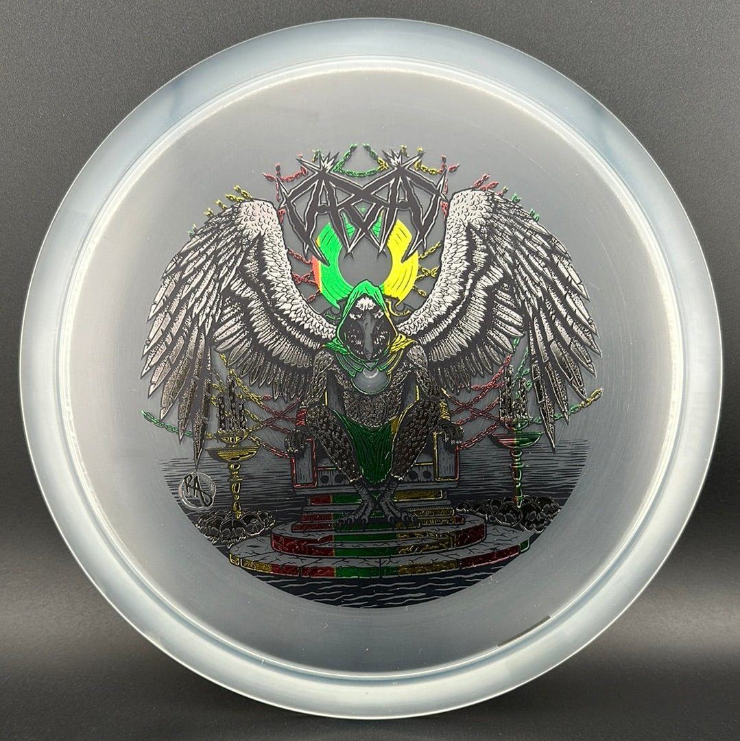 CryZtal Buzzz disc golf disc by Rare Air Discs featuring Karudi the Overseer artwork, bright colors and detailed design.