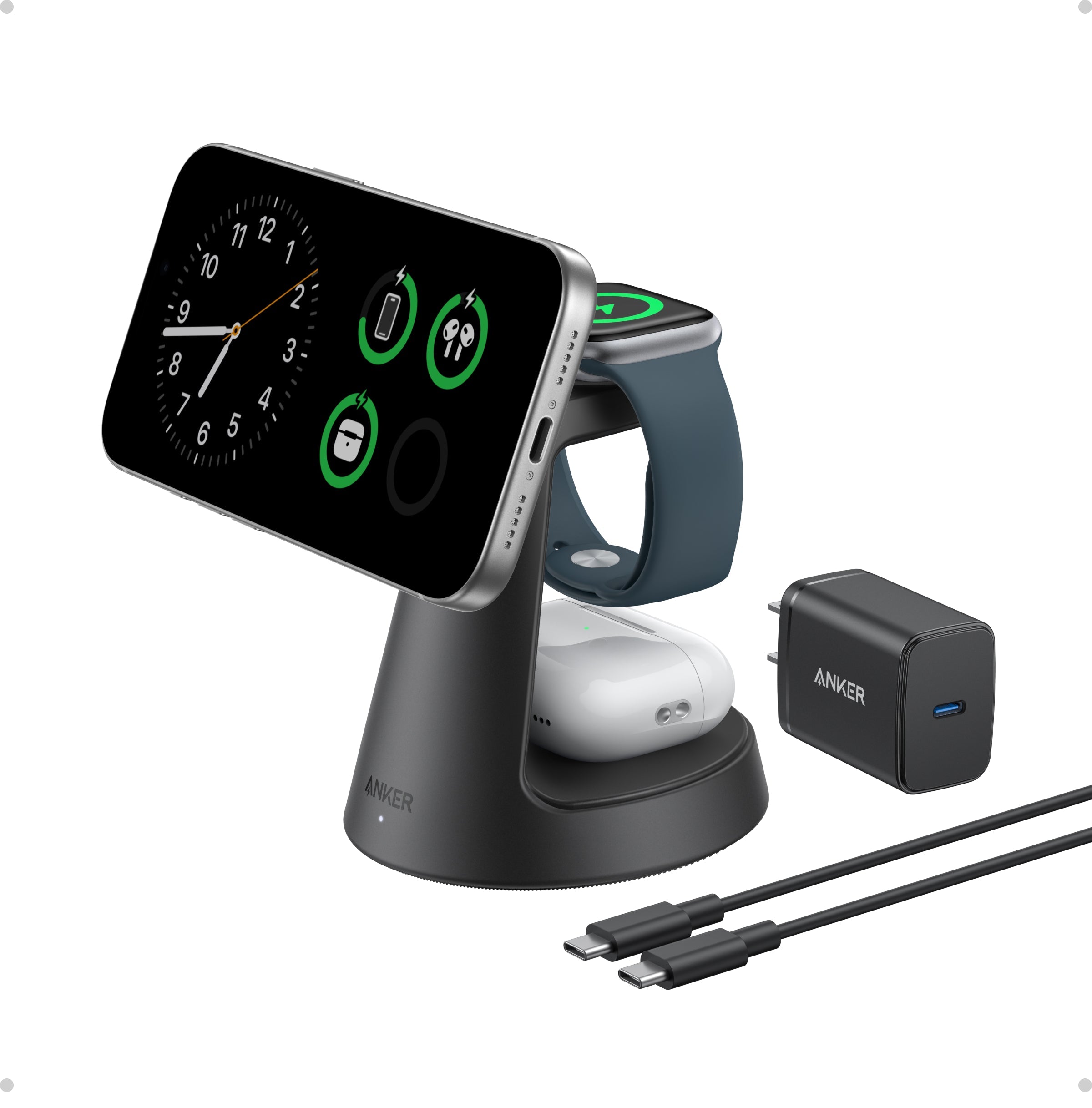 Anker MagGo 3-in-1 wireless charging station with dock stand for iPhone, Apple Watch, and AirPods, in sleek black design.