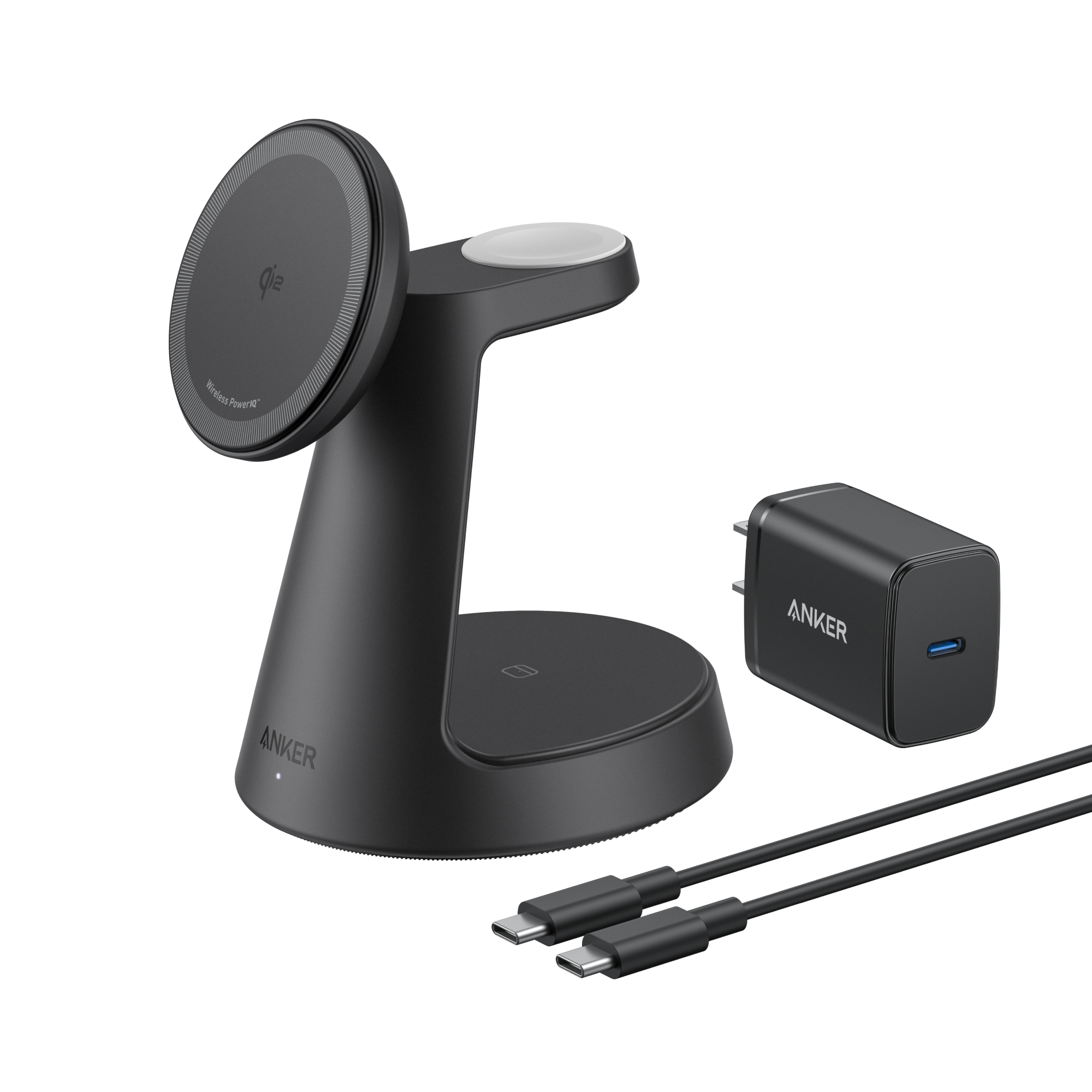 Anker MagGo 3-in-1 wireless charging station with dock stand for phones, earbuds, and smartwatch charging.
