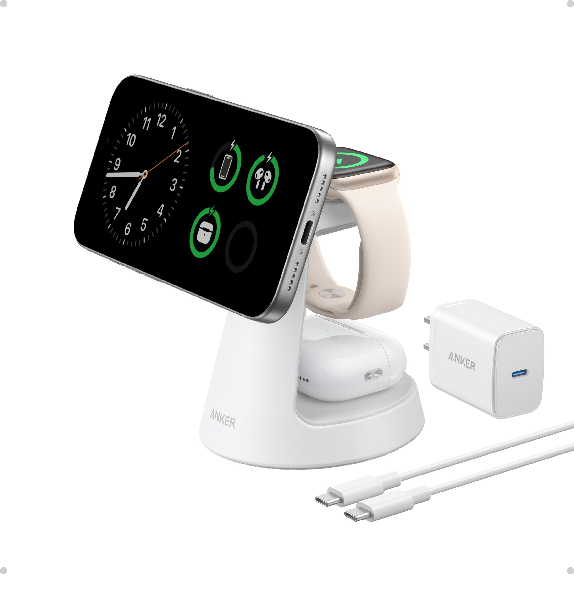 Anker MagGo 3-in-1 wireless charging station with dock stand, featuring multiple charging pads and a sleek design for smartphones and accessories.