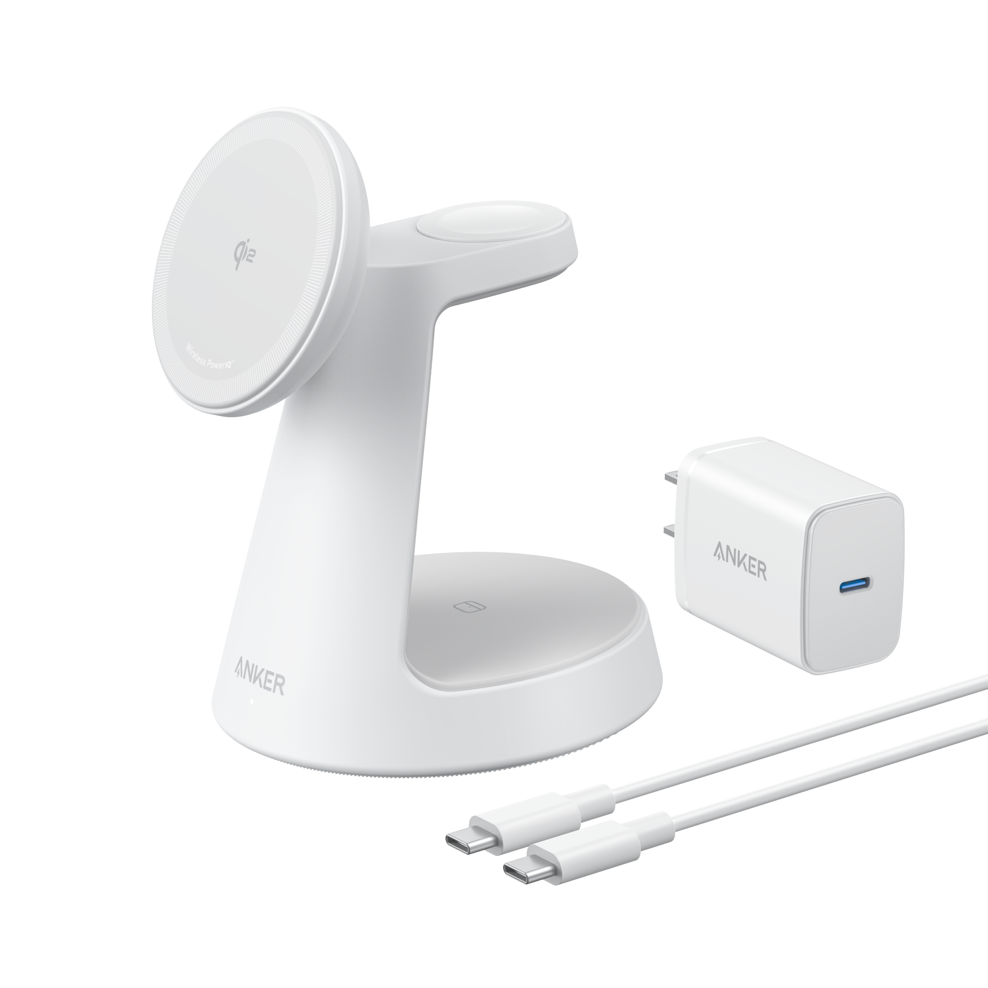 Anker MagGo 3-in-1 wireless charging station with dock stand for iPhone, Apple Watch, and AirPods, in sleek black design.