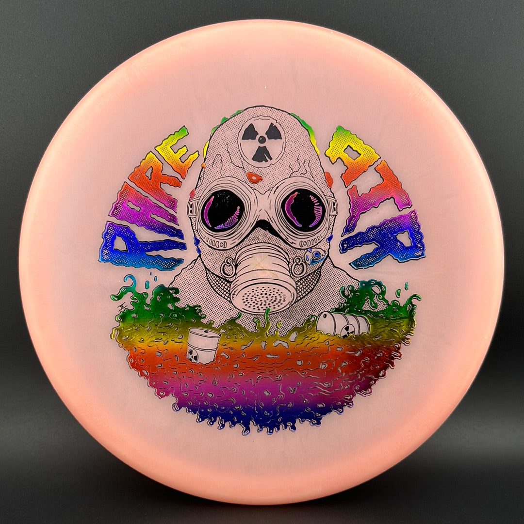 Rare Air Discs Color Lunar Recon Mortar F2 disc golf disc with Radioactive Man stamp, featuring vibrant colors and detailed artwork.