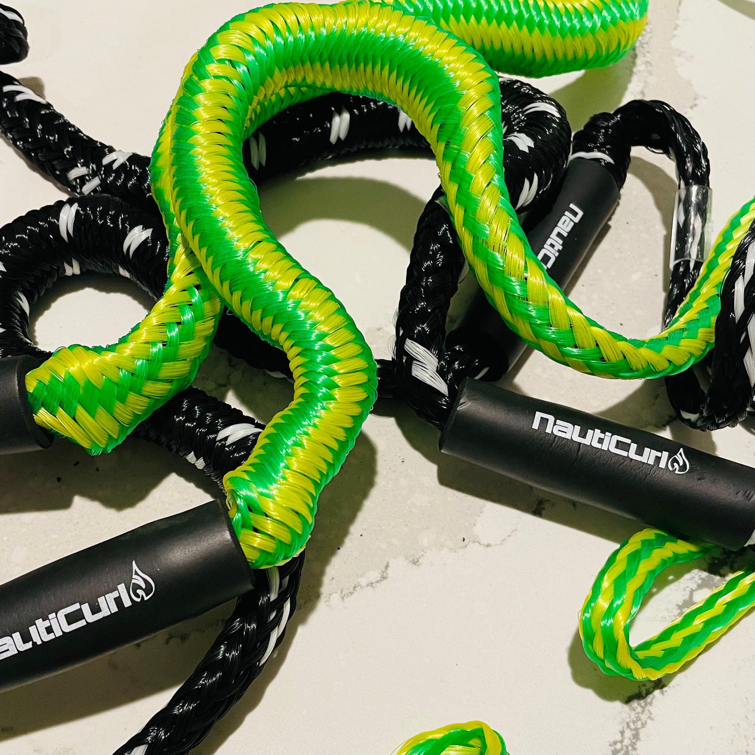 NautiCurl Bungee boat ropes with shock-absorbing design, featuring two durable marine-grade accessories for watercraft towing.
