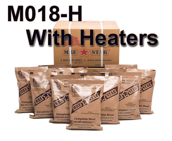 Alpenglow Readiness Supply MRE meals in standard variety with heaters, displayed in a variety pack for emergency preparedness.