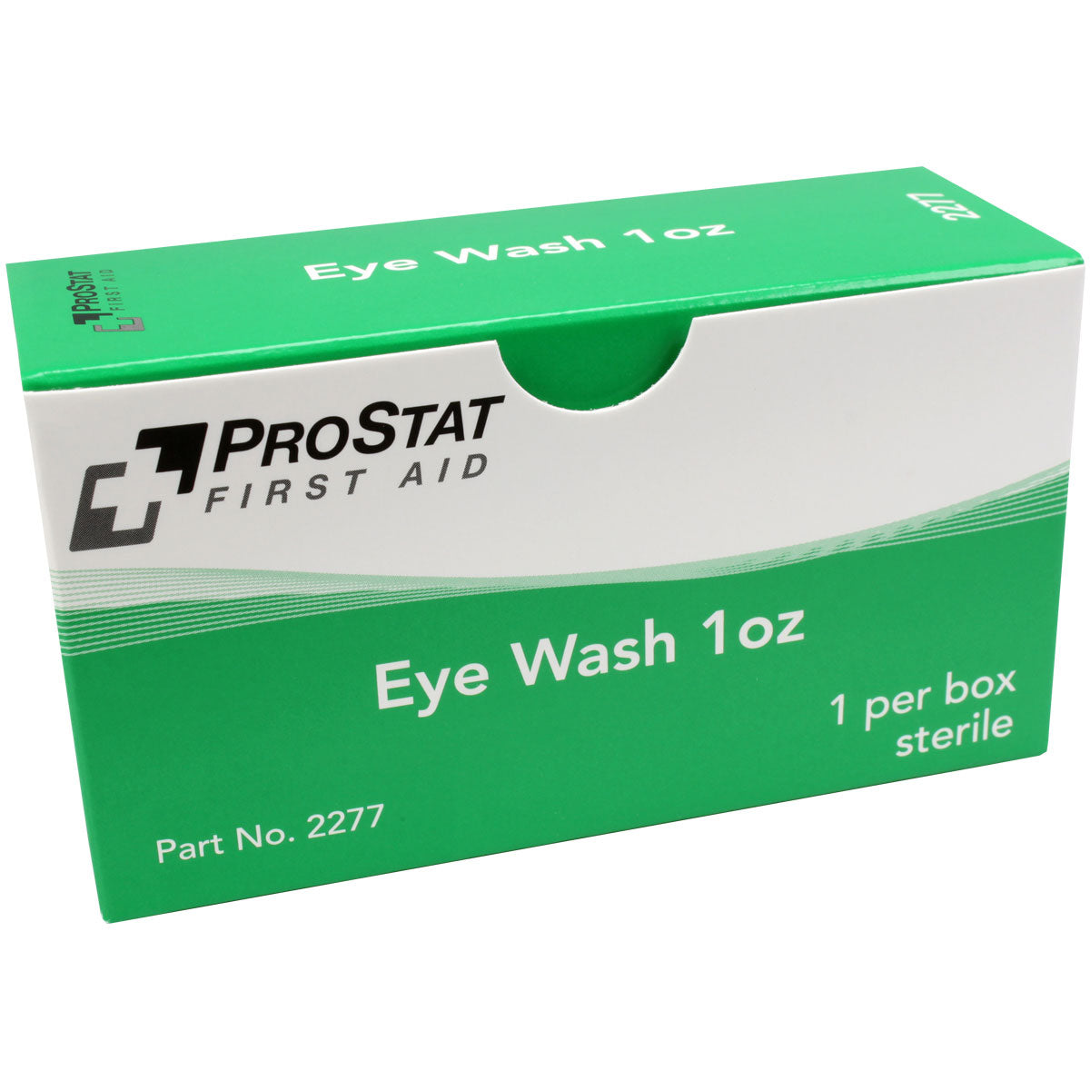 Small 1 oz. eye wash bottle from Quake Kits for eye care, shown with its packaging and label on a white background.