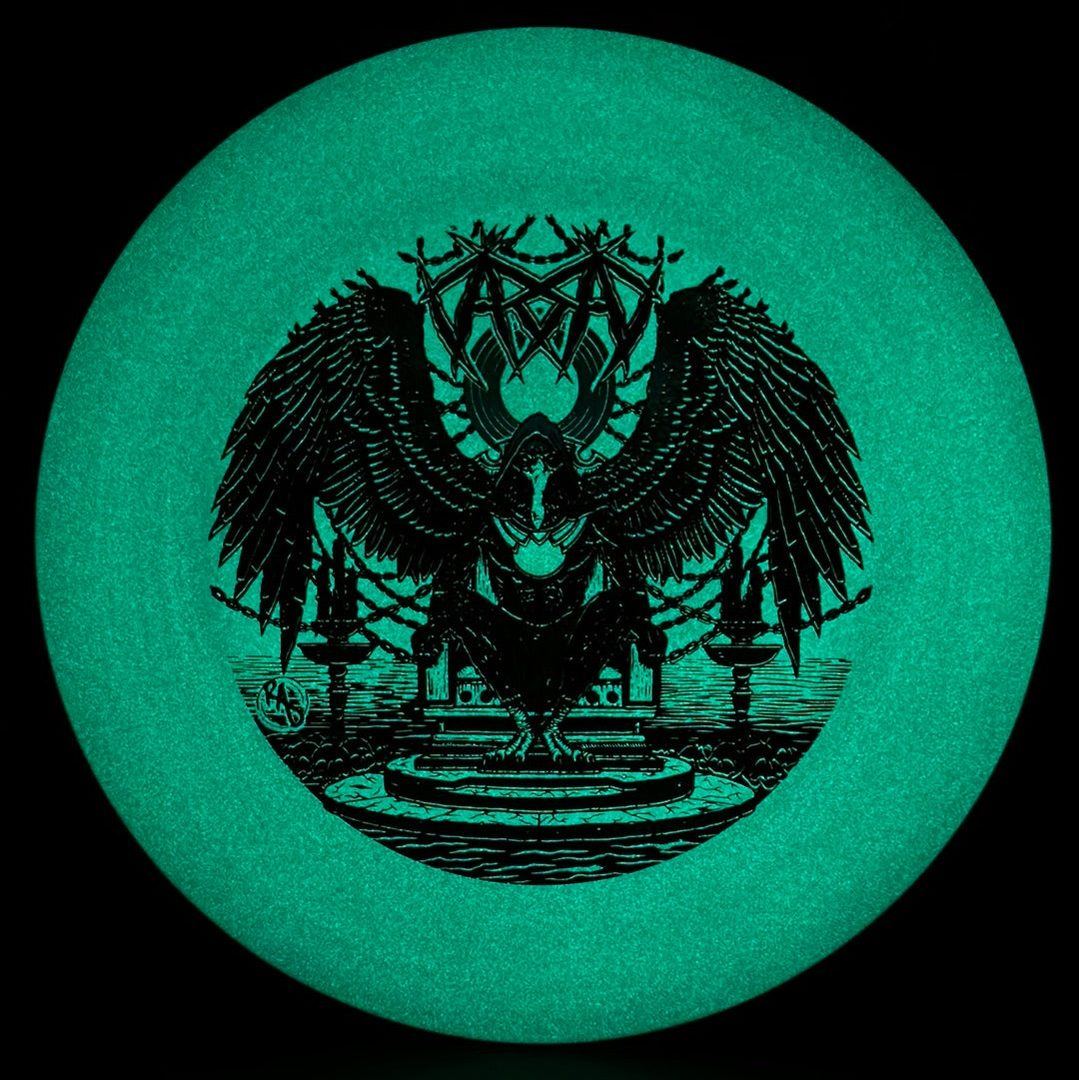 ESP Glo Buzzz disc golf disc by Rare Air Discs featuring Karudi the Overseer artwork, vibrant glow-in-the-dark design.