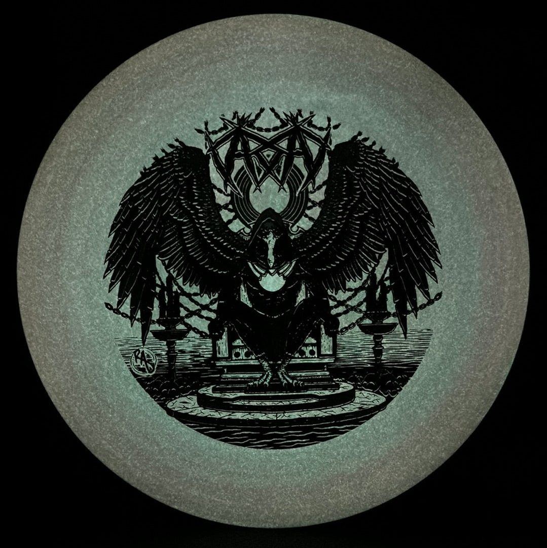 ESP Glo Buzzz disc golf disc by Rare Air Discs, featuring Karudi the Overseer design from Cult of RAD series.