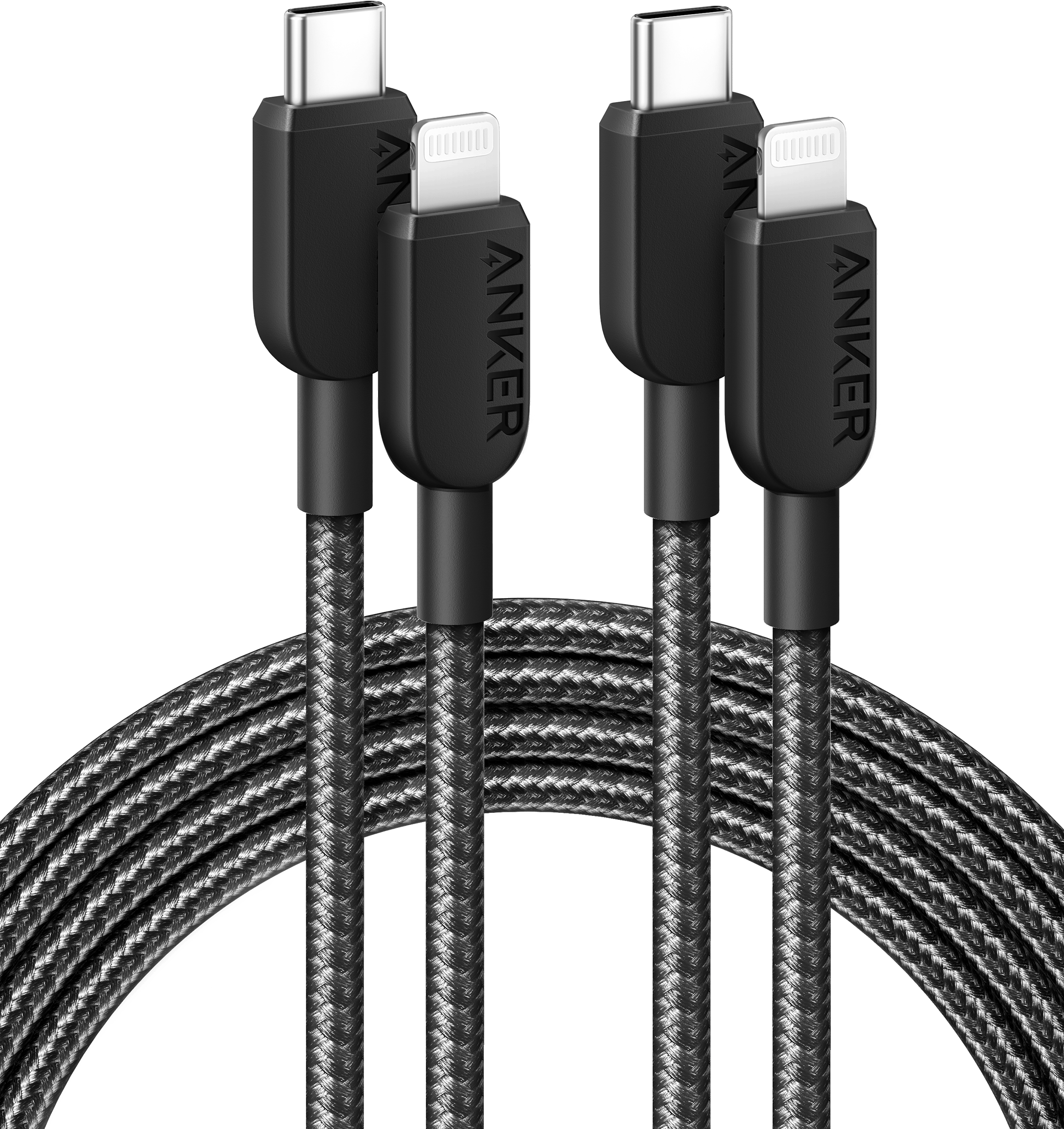 Anker 310 USB-C to Lightning cable, 6 ft length, two-pack, showcasing durable connectors and flexible design.