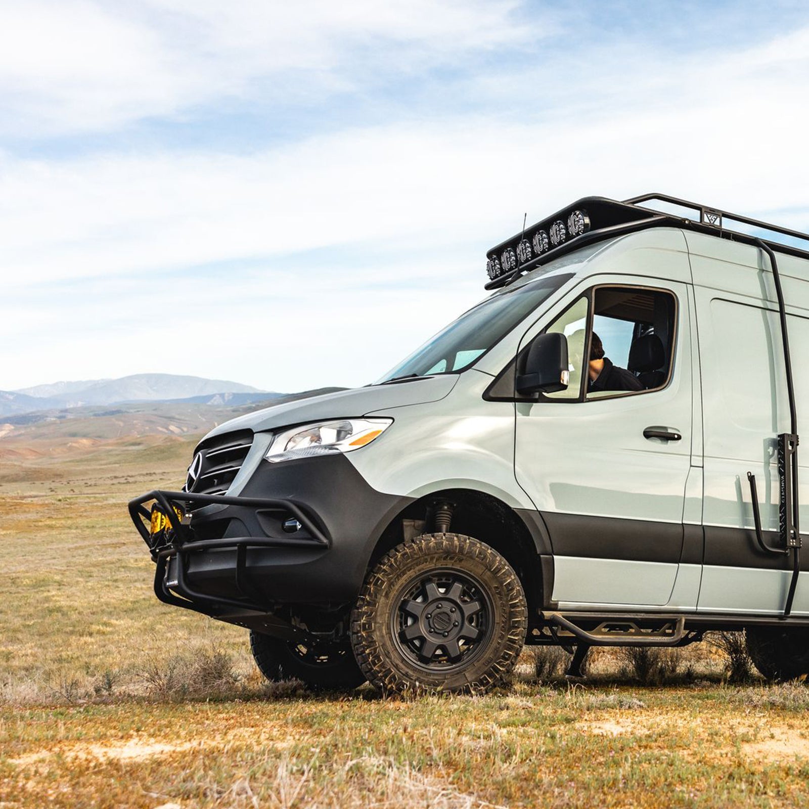 Sprinter Baja Bumper by The Van Mart, showcasing rugged exterior design for van customization and enhanced durability.