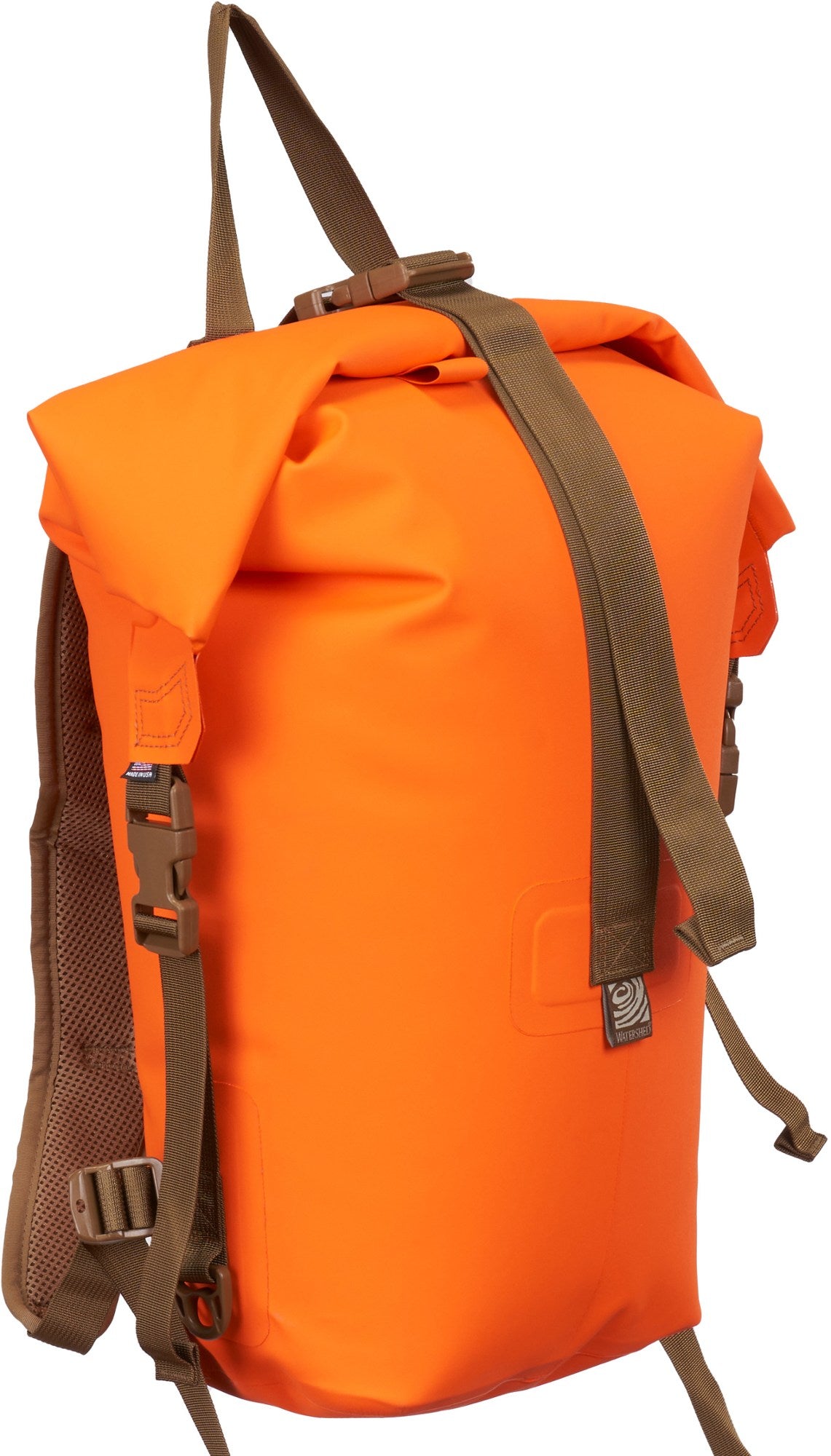 Bright orange waterproof roll-top backpack with brown straps and buckles, shown on a plain white background.