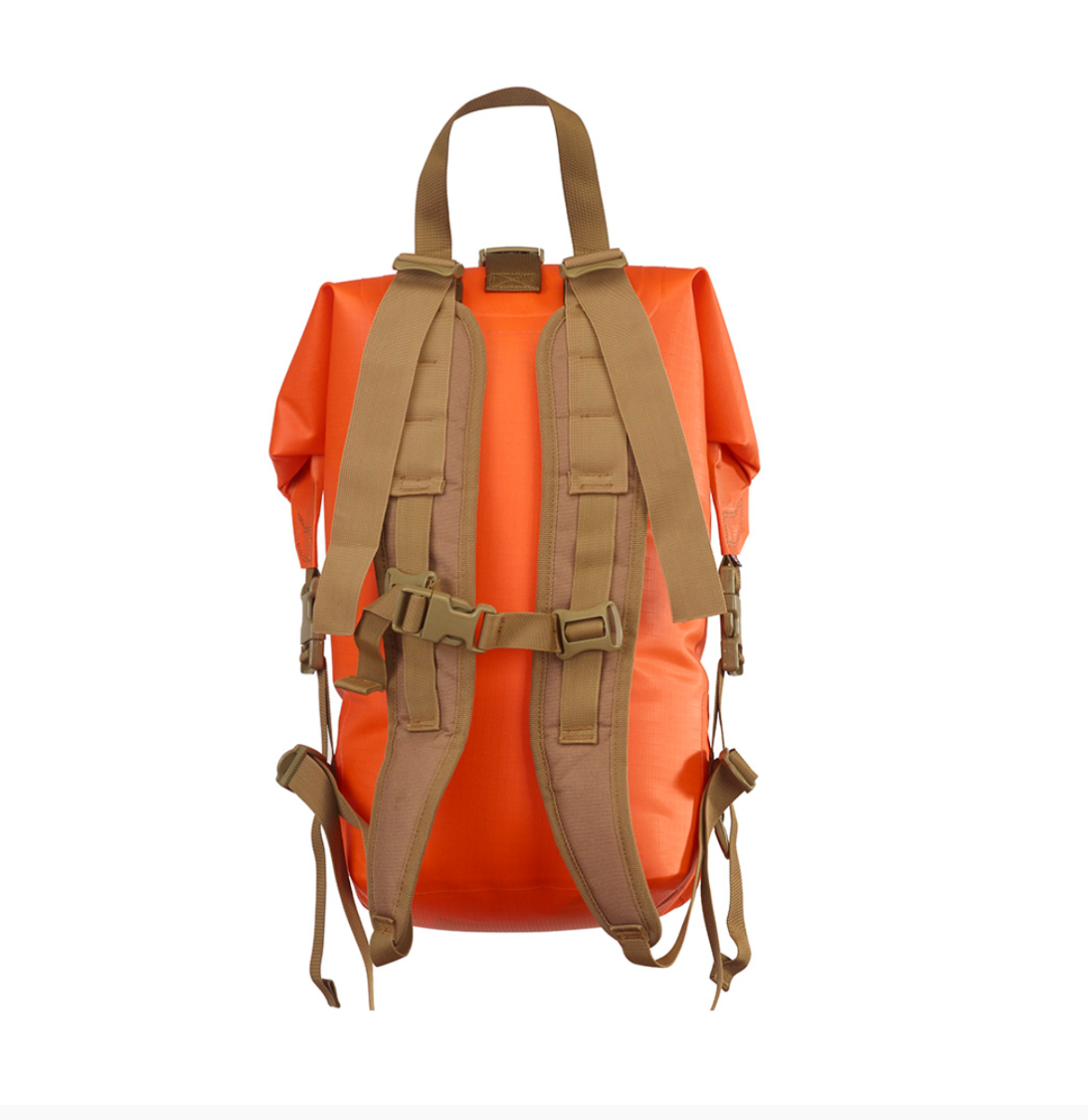 The back view of a tactical backpack in bright orange with tan webbing straps, buckles, and top handle, shown against a plain white background.