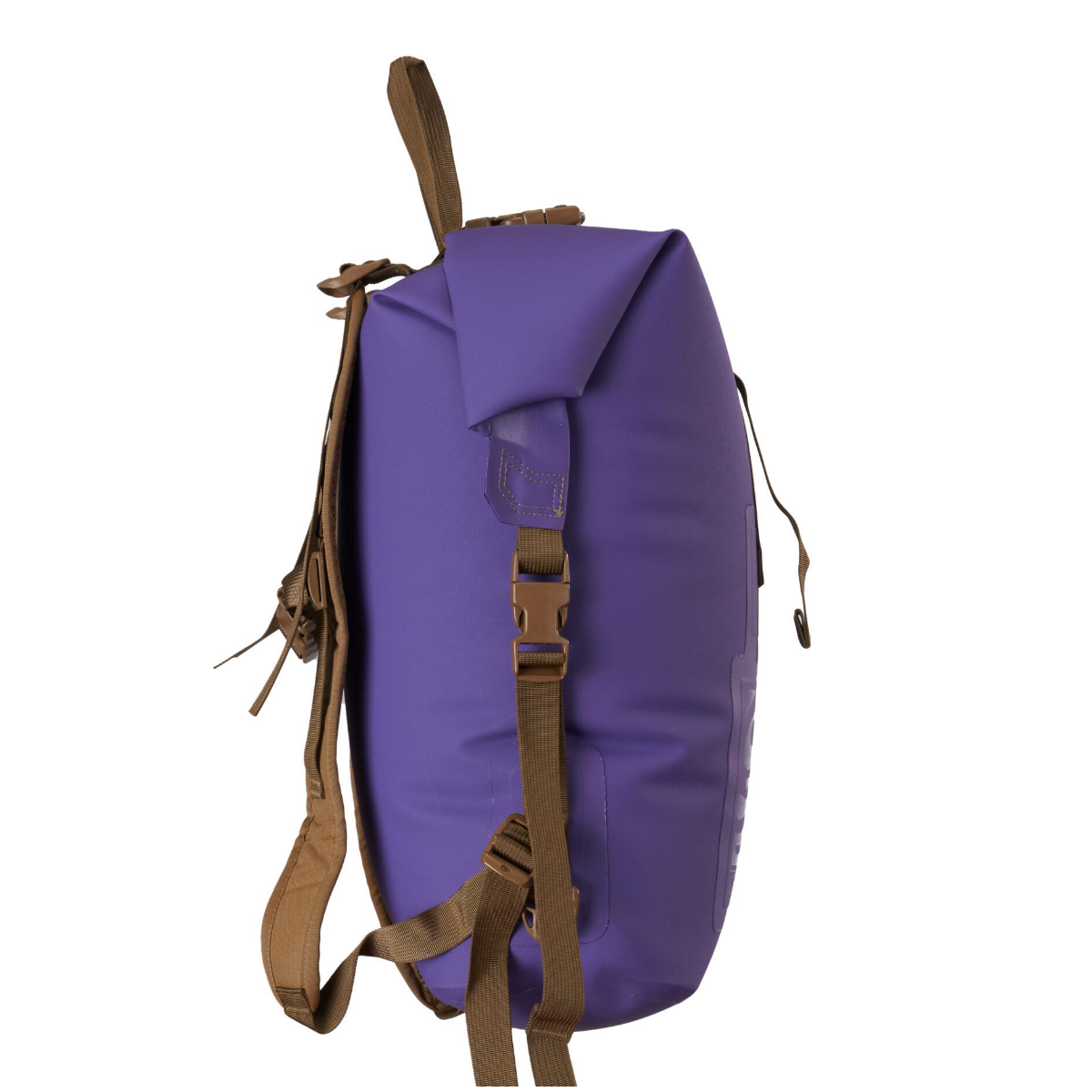 A purple waterproof backpack shown from the side against a solid white background, featuring brown straps and buckles.