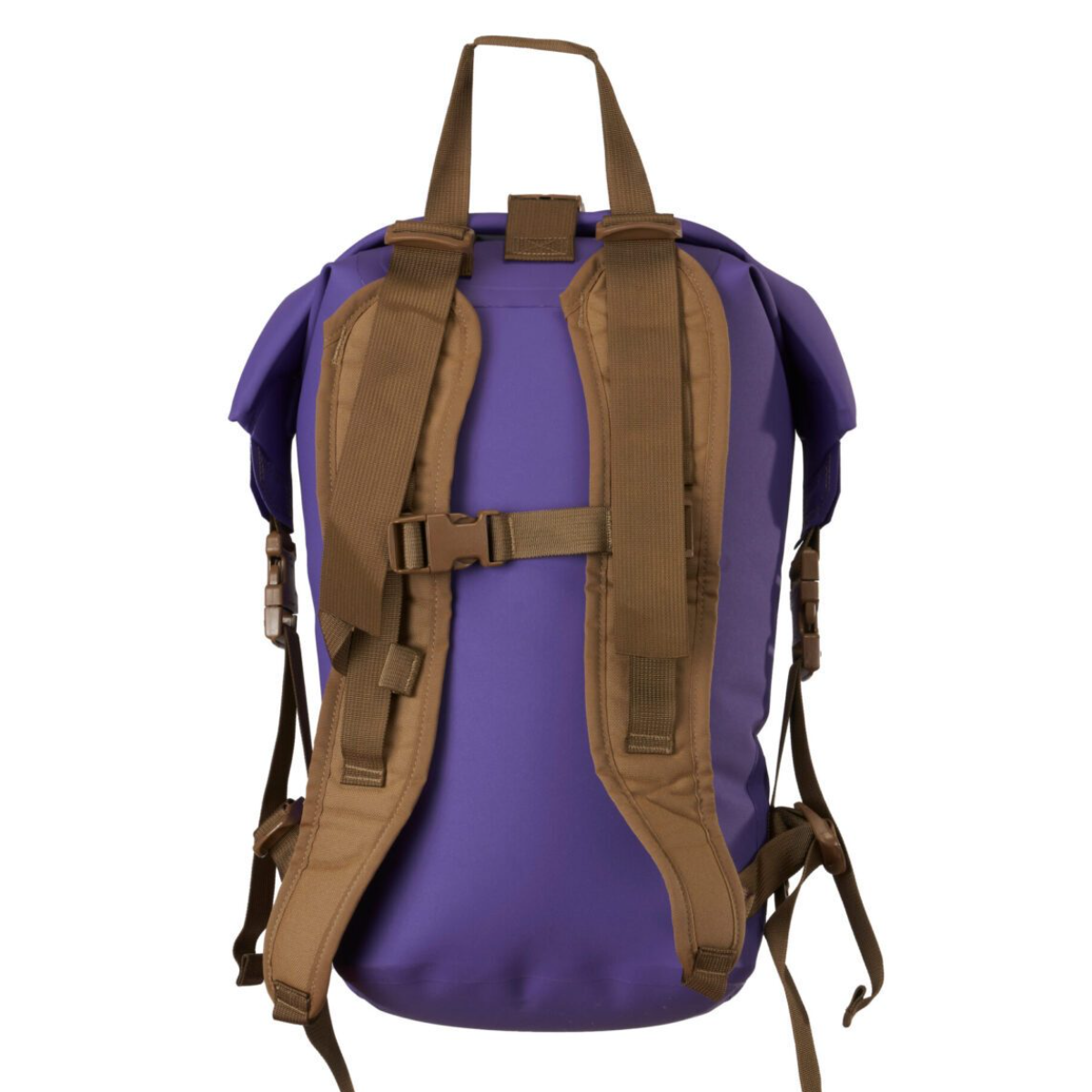 The back view of a purple backpack with tan webbing straps, buckles, and a top carry handle, isolated on a white background.