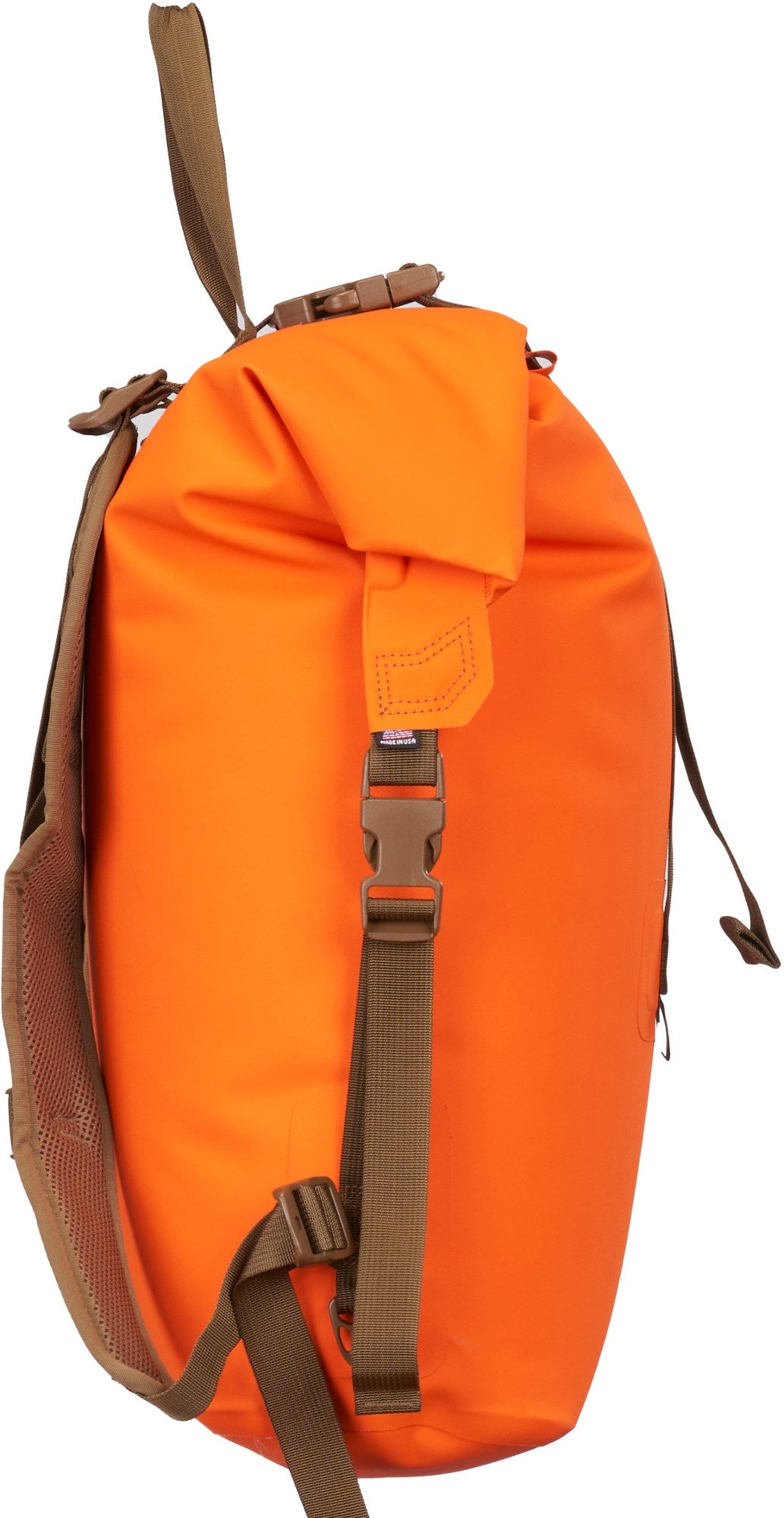 Bright orange waterproof backpack with brown straps and buckles, shown on a plain white background.
