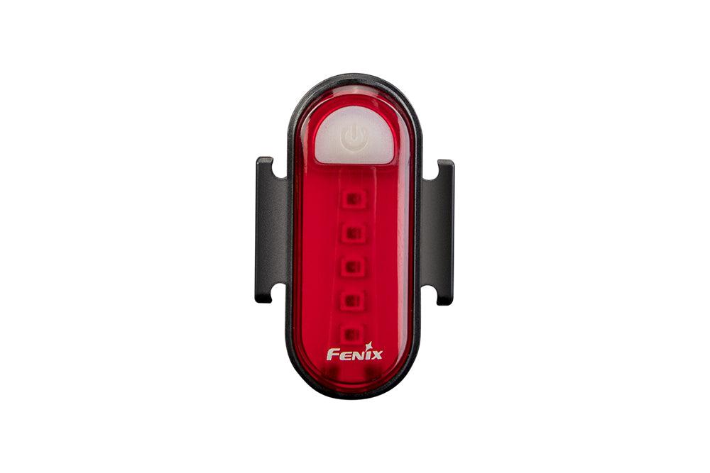 Fenix BC05R V2.0 rechargeable bicycle tail light with a sleek design, mounted on a bike for visibility during rides.