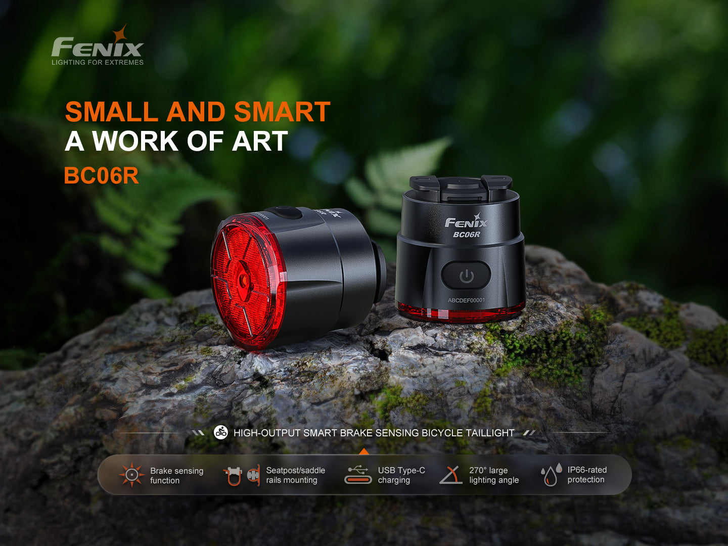 Fenix BC06R Smart-Brake Bicycle Taillight mounted on a bike, showcasing its bright red light and compact design.