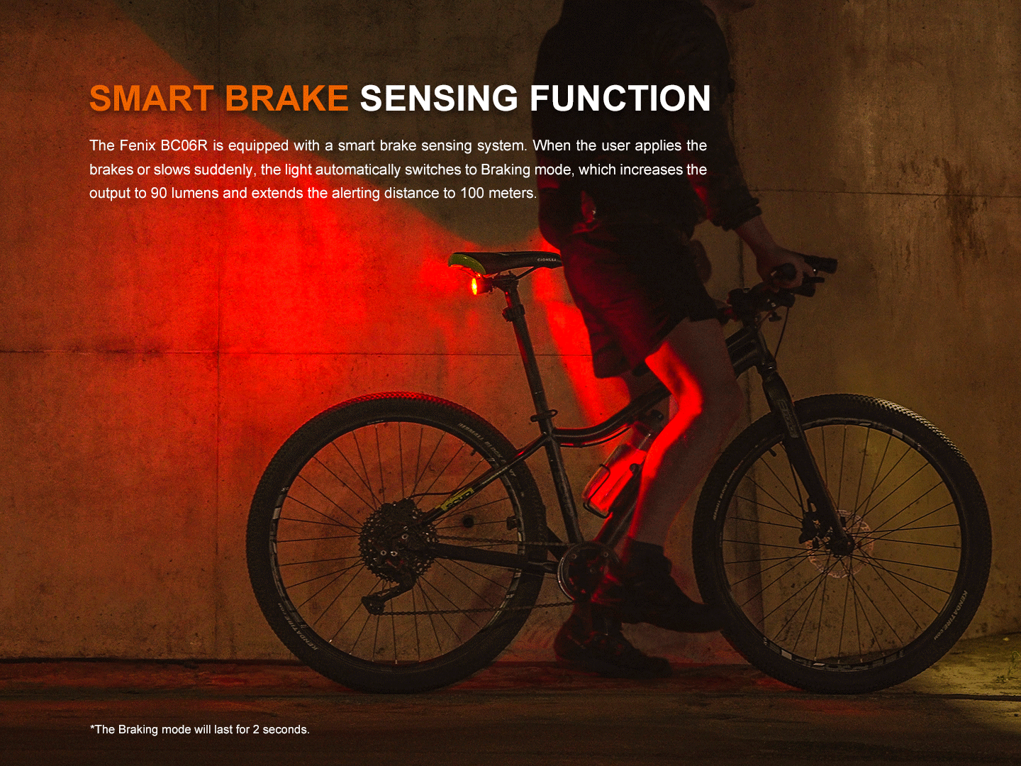 Fenix BC06R Smart-Brake Bicycle Taillight illuminating red, mounted on a bike, showcasing its sleek design and smart features.