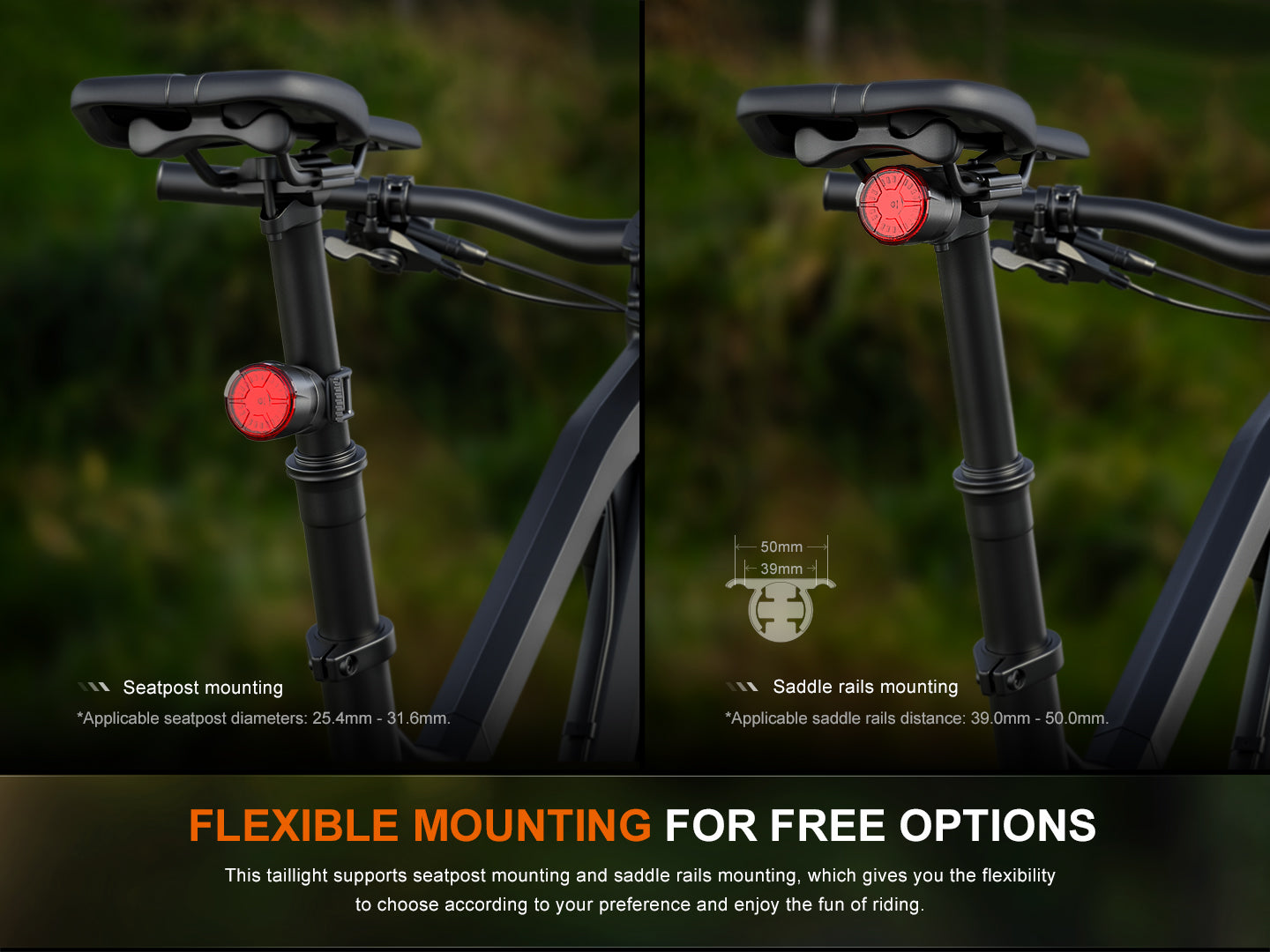 Fenix BC06R Smart-Brake Bicycle Taillight mounted on a bike, showing its sleek design and bright LED light.