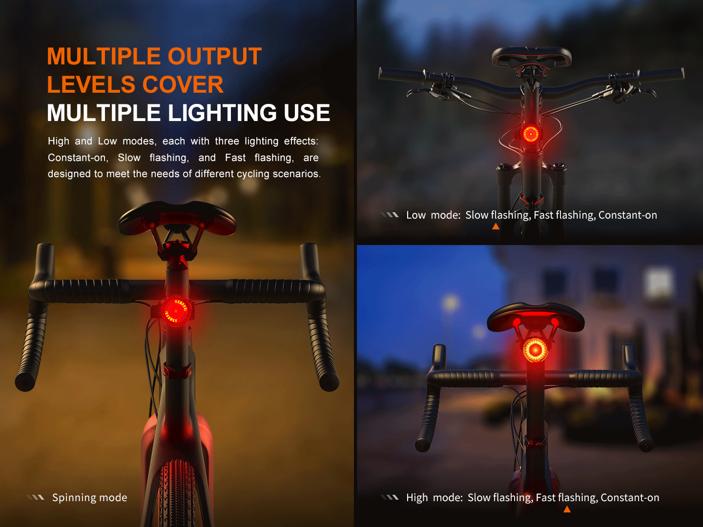Fenix BC06R Smart-Brake Bicycle Taillight mounted on a bike, glowing red to enhance visibility and safety while riding.