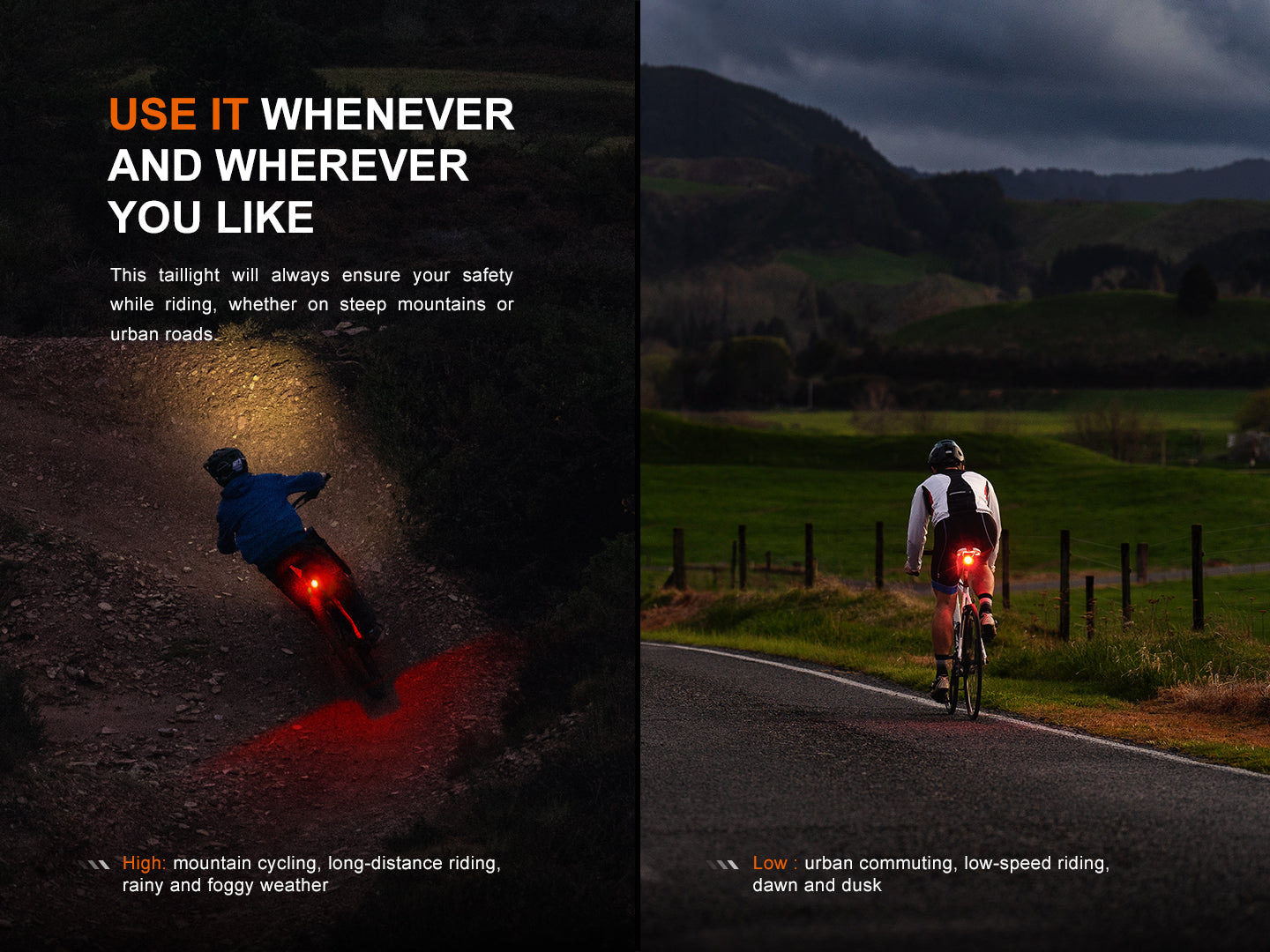 Fenix BC06R Smart-Brake Bicycle Taillight mounted on a bike, showcasing its compact design and bright red light.