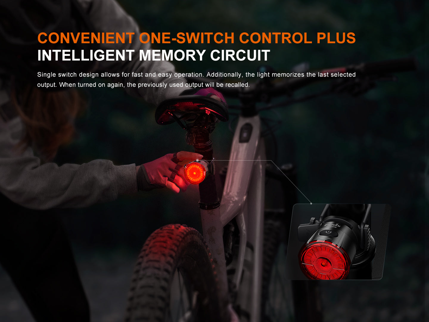 Fenix BC06R Smart-Brake Bicycle Taillight mounted on a bike, illuminating a red light for enhanced visibility.