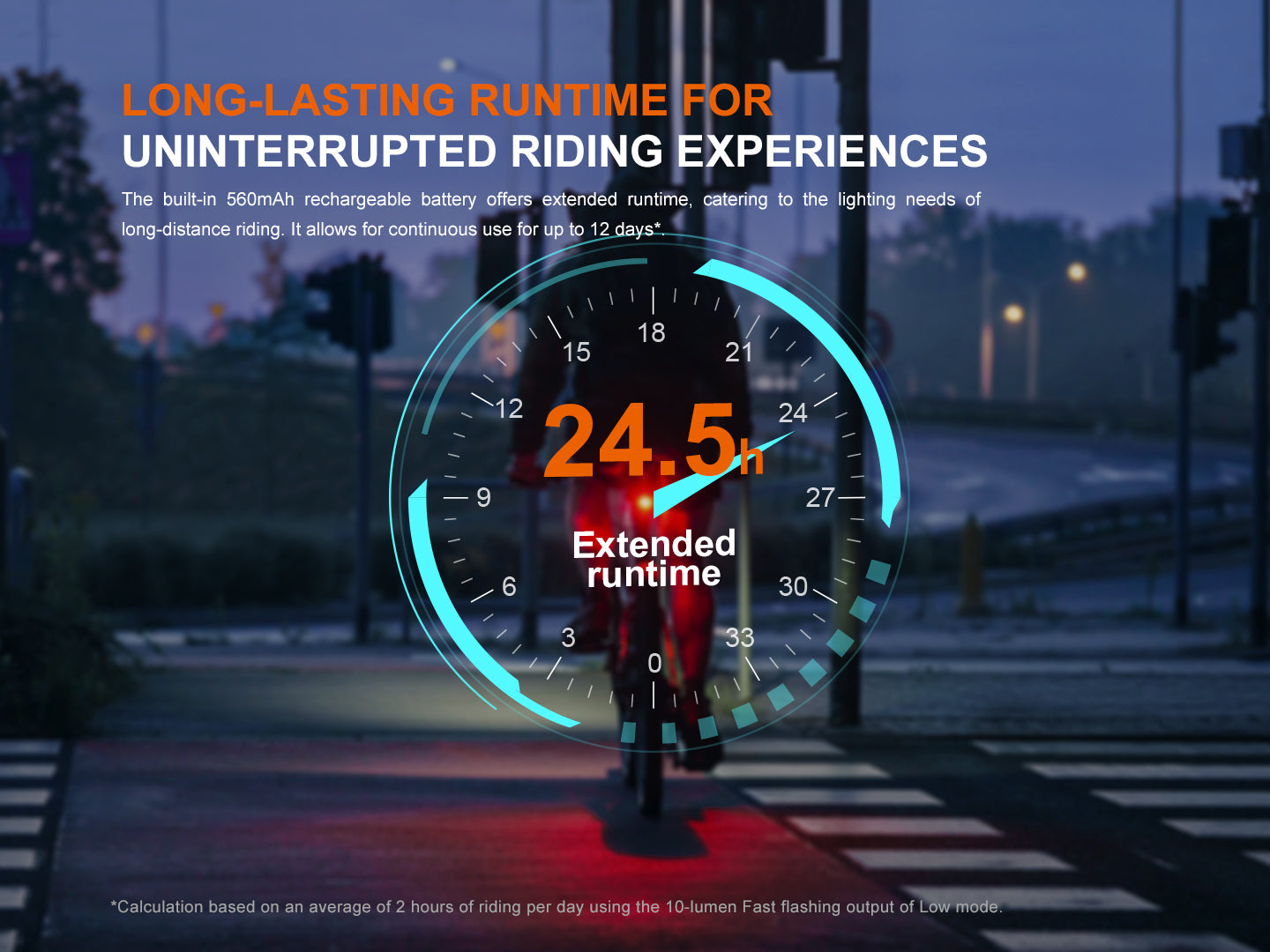 Fenix BC06R Smart-Brake Bicycle Taillight mounted on a bike, glowing red with a sleek, compact design.