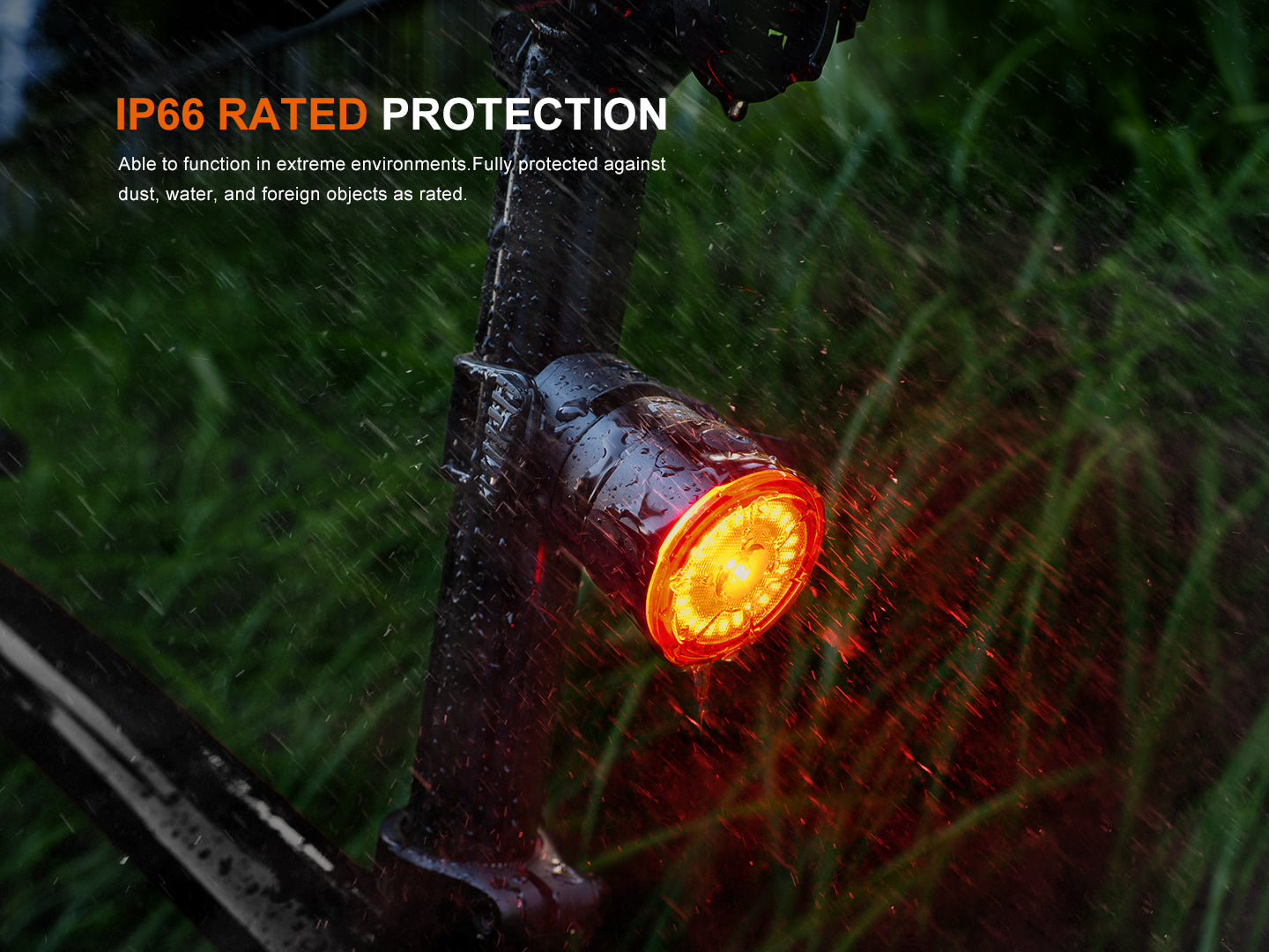 Fenix BC06R Smart-Brake Bicycle Taillight mounted on a bike, showcasing its sleek design and bright red light.
