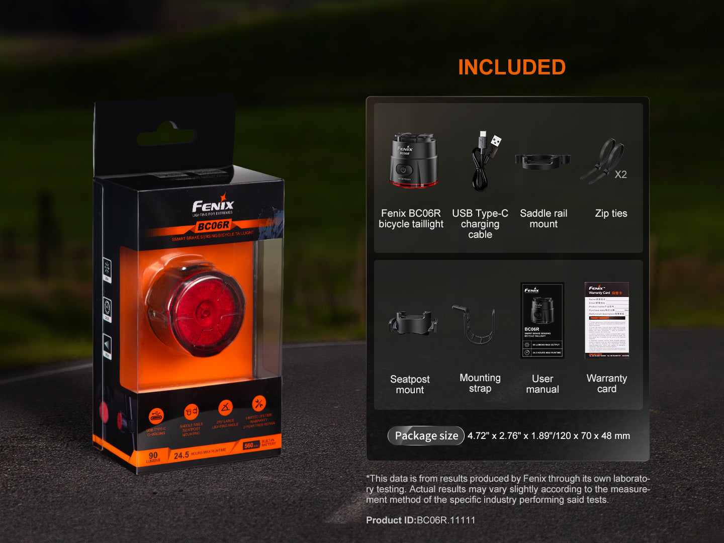 Fenix BC06R smart-brake bicycle taillight mounted on a bike, showcasing its compact design and bright LED lights.