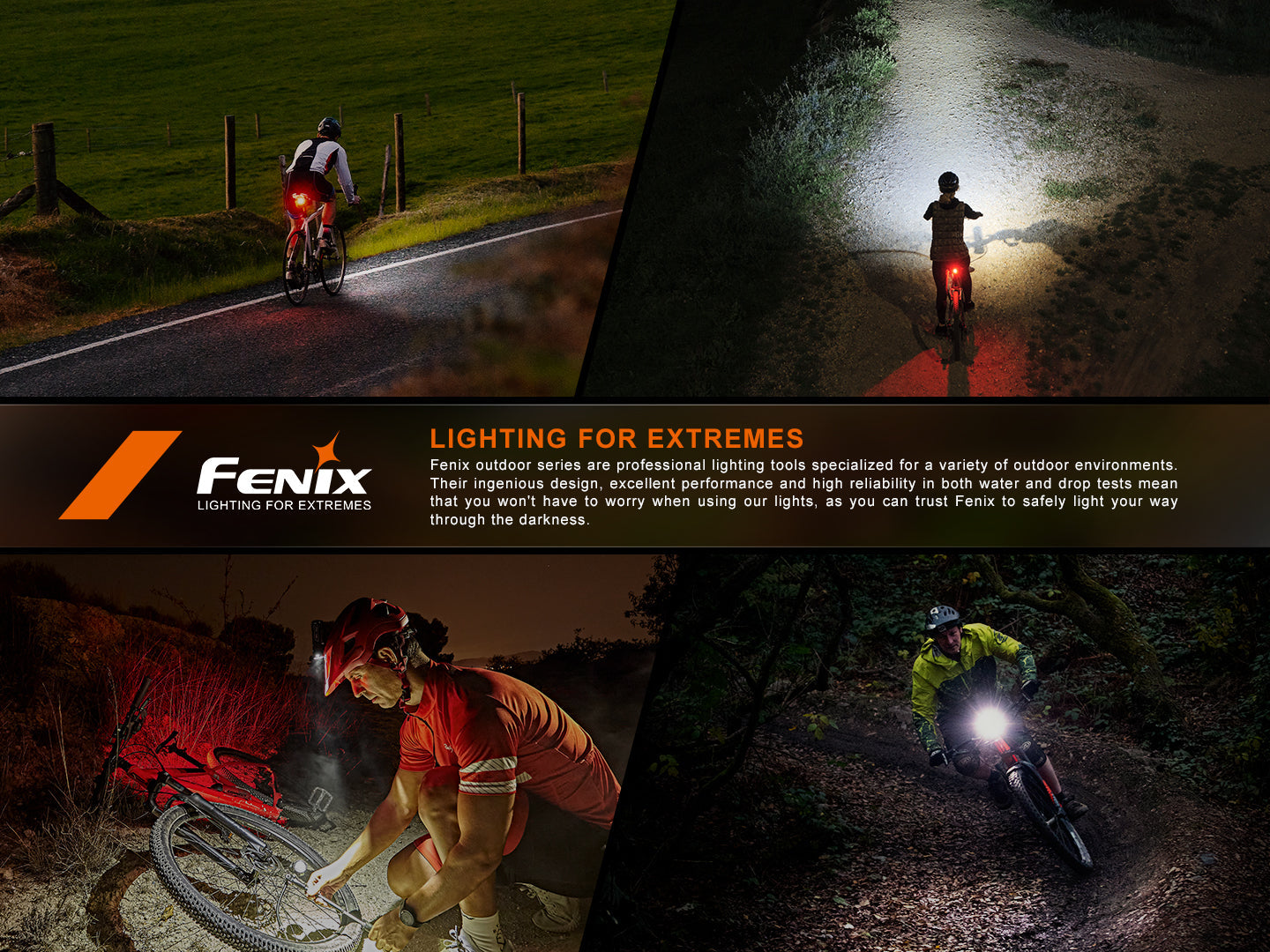Fenix BC06R smart-brake bicycle taillight mounted on a bike, illuminating red for visibility and safety.