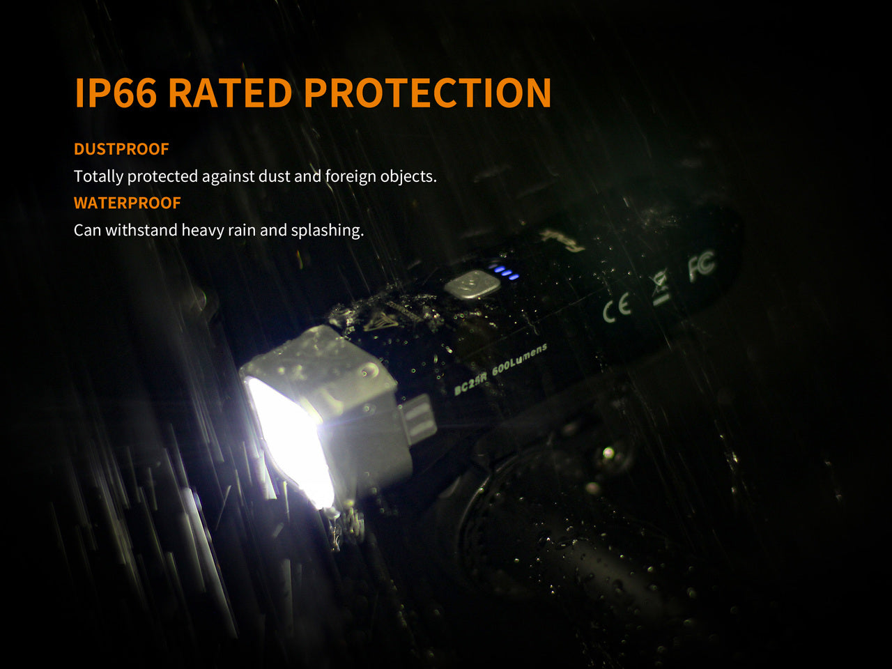 Fenix BC25R LED bike light mounted on a bicycle handlebar in a dark setting, showcasing its bright illumination.