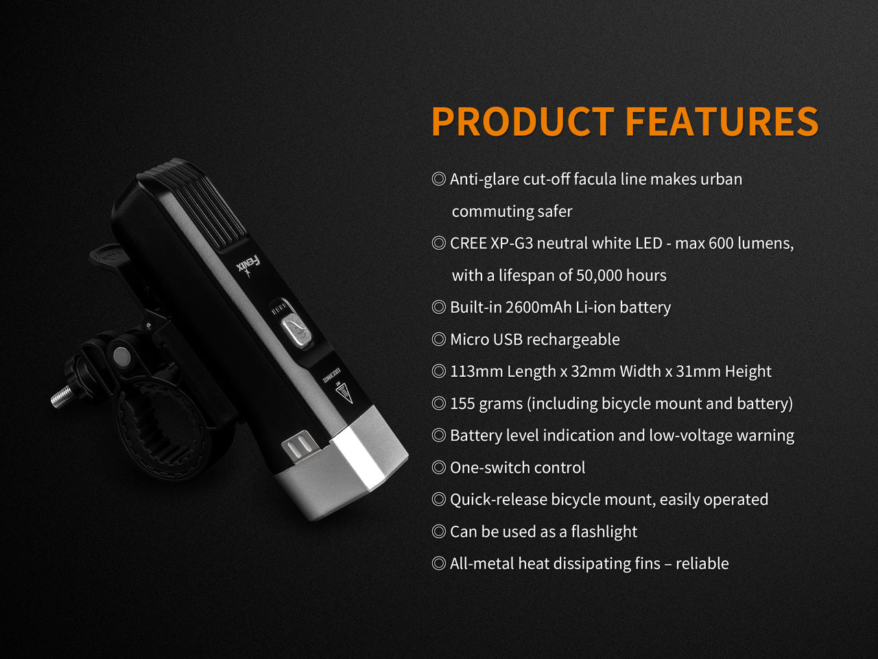 Fenix BC25R LED bike light mounted on a bicycle handlebar, illuminating a dark path ahead.