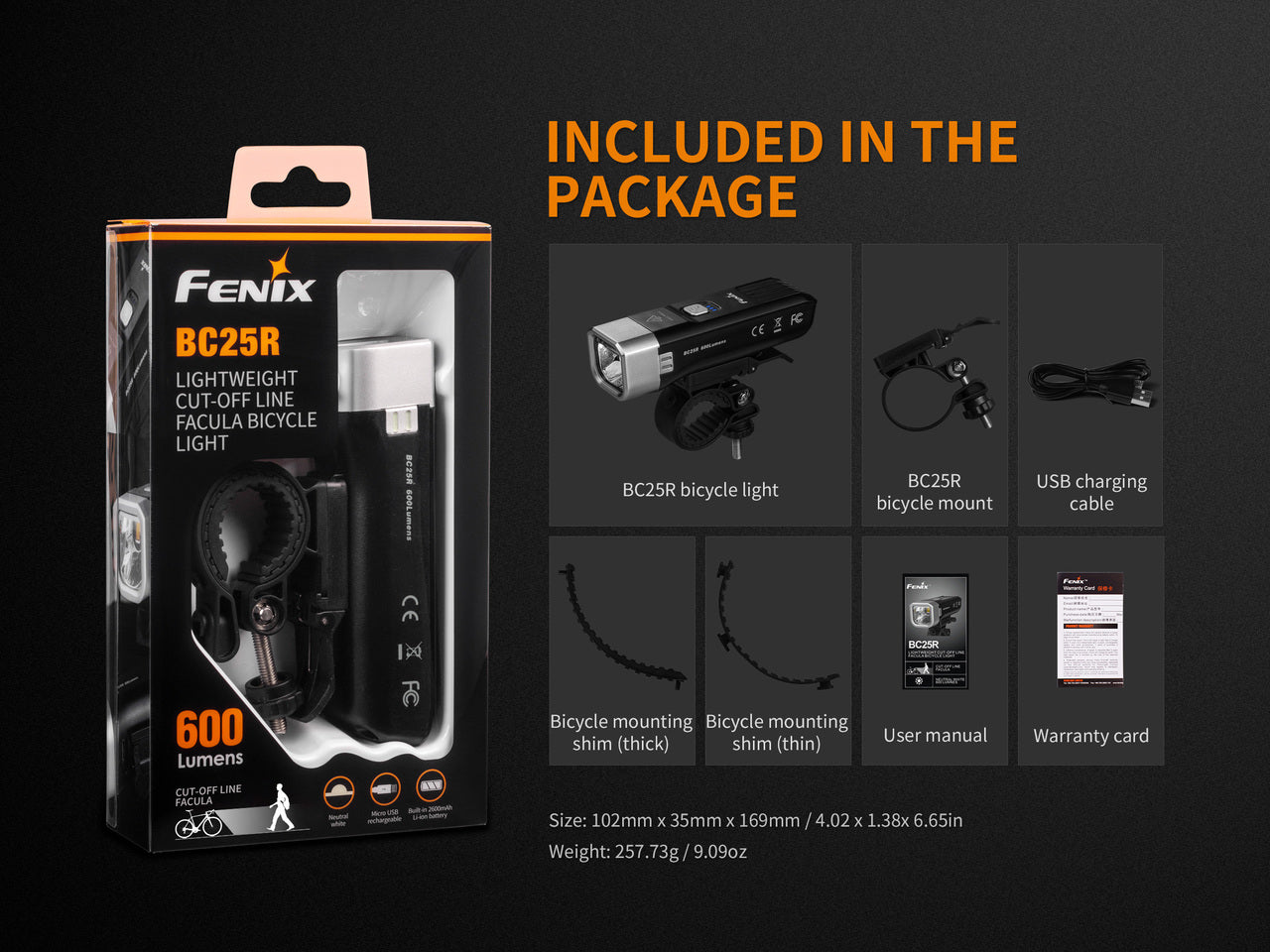 Fenix BC25R LED bike light mounted on a bicycle, illuminating a path in a nighttime setting.